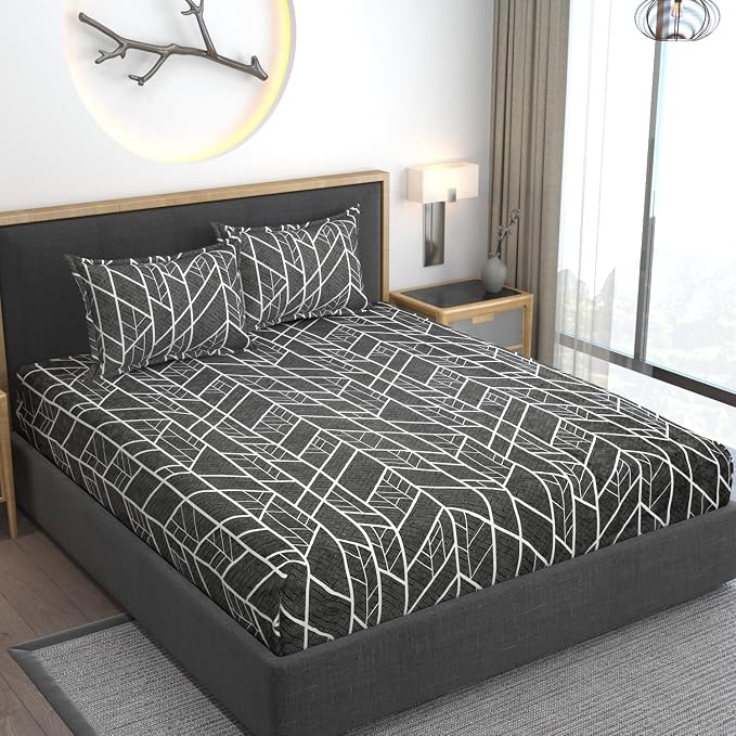 Premium Heavy Cotton Bedsheets Elastic Fitted Double Bedsheets With 2 Pillow Covers - 72 X 78 X 10 Inch, Black | Elastic Fitted King Size Bedsheet