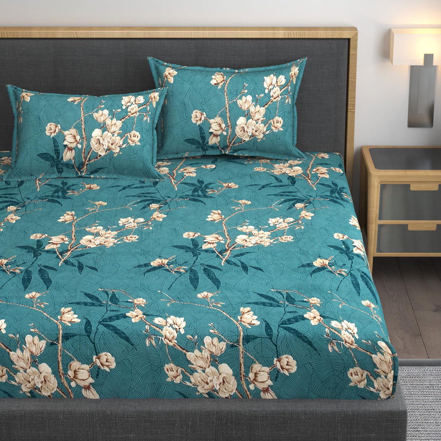 Premium Heavy Cotton Bedsheets All Around Elastic Fitted Bedsheets With 2 Pillow Covers - 78 X 72 X 10 Inches, Green Flower | Lightweight, Soft, & Comfortable