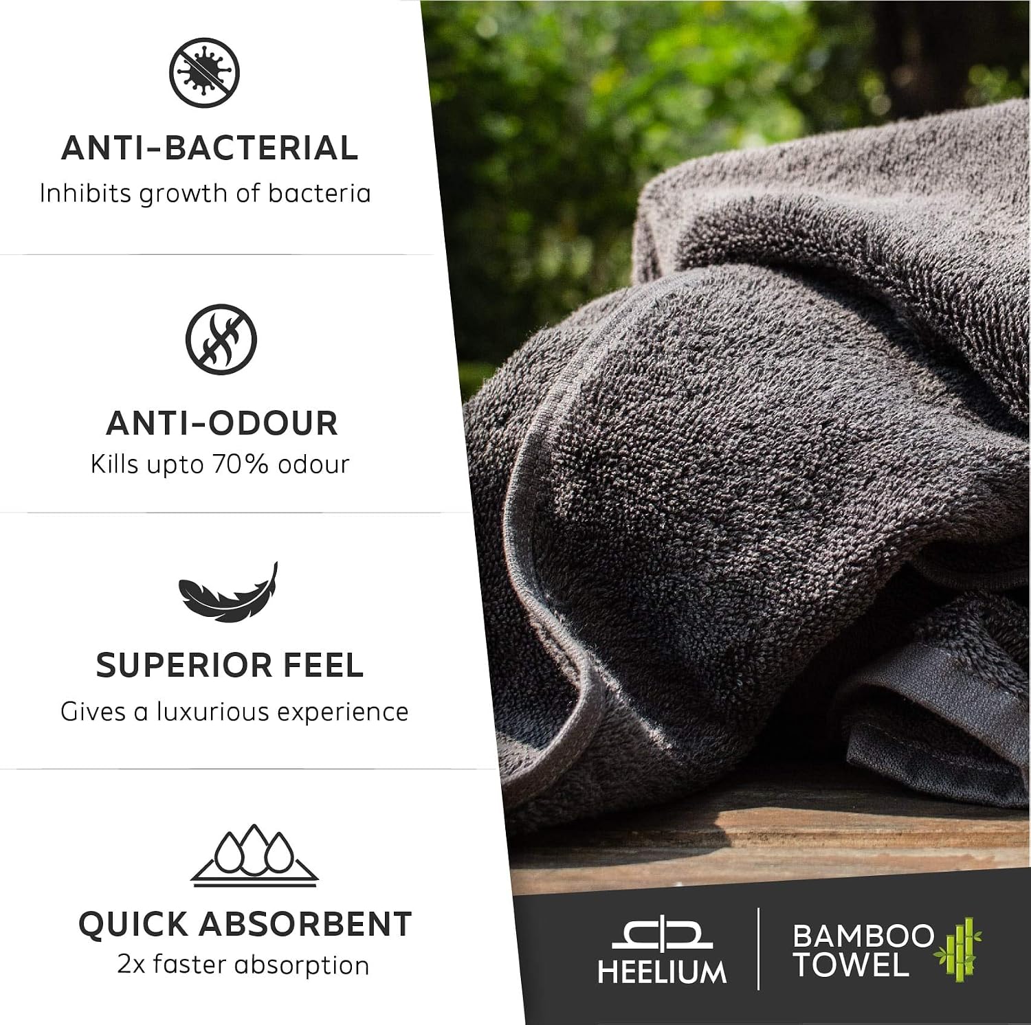 Heelium Bamboo Hand Towel 1000 Gsm | Ultra Absorbent & Anti-Bacterial | 3x Softer Than Cotton Towels (Light Grey, Grey, Teal, White, Iris) - Pack Of 5
