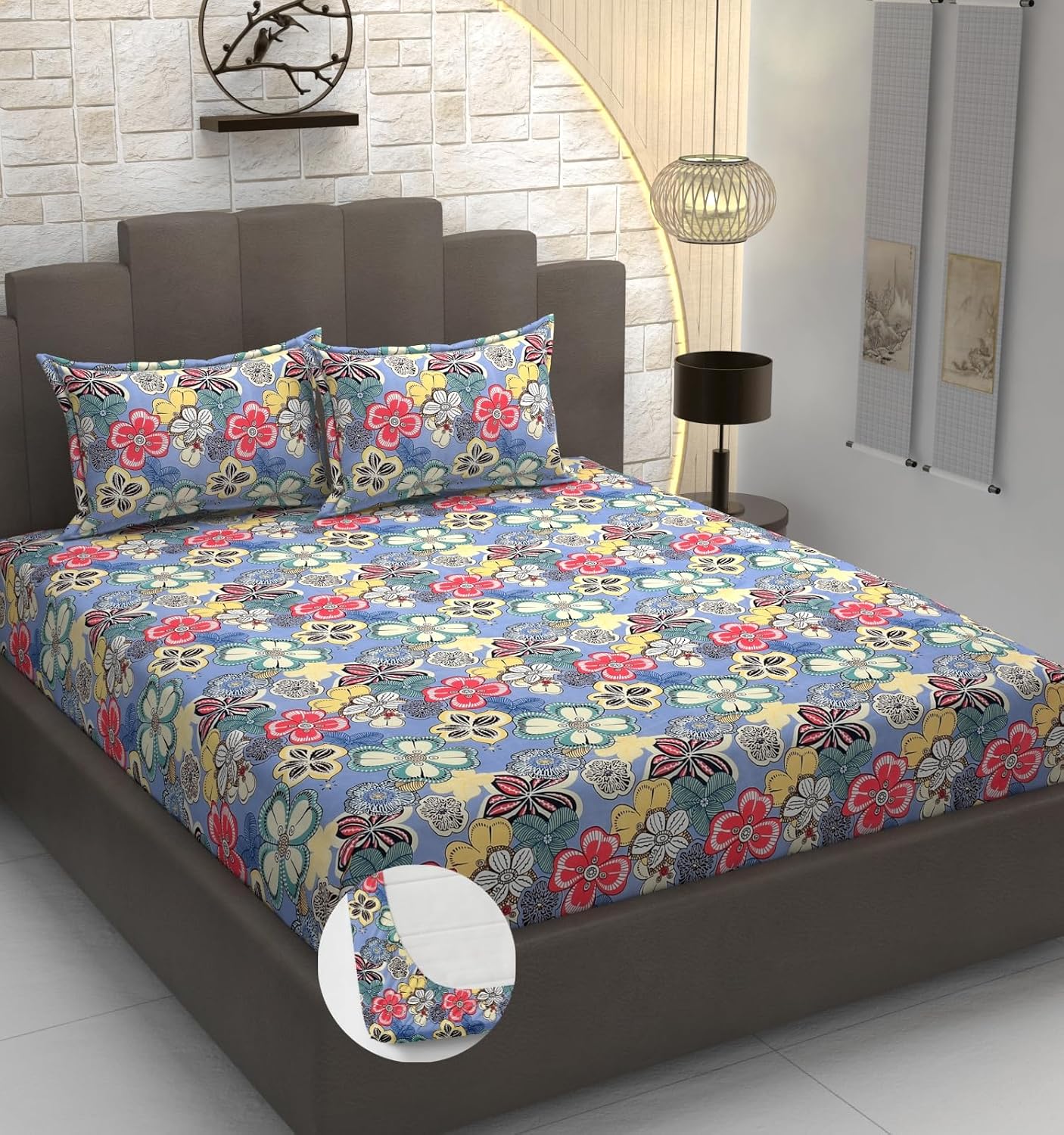 King Size Elastic Fitted Bedsheets With 2 Pillow Covers - 72 X 78 X 10 Inches, Multicolor | Soft Wrinkle Free & Breathable Elastic Bedsheets - Durable & Long Lasting Bedsheet