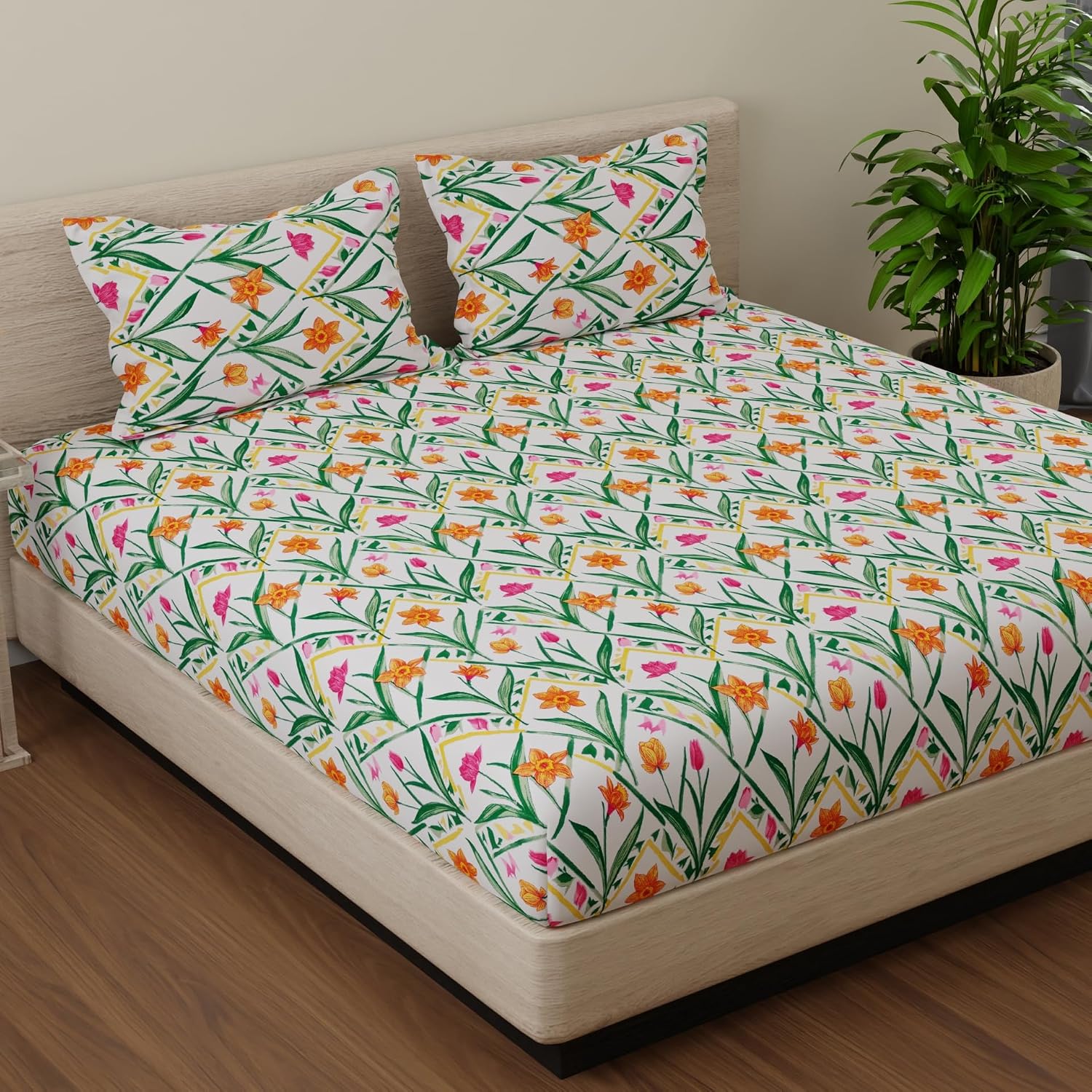 Double Bedsheet For King Size With 2 Pillow Covers - 108 X 108 Inches, Green & Yellow | Beautiful Print For Luxury Bedsheets