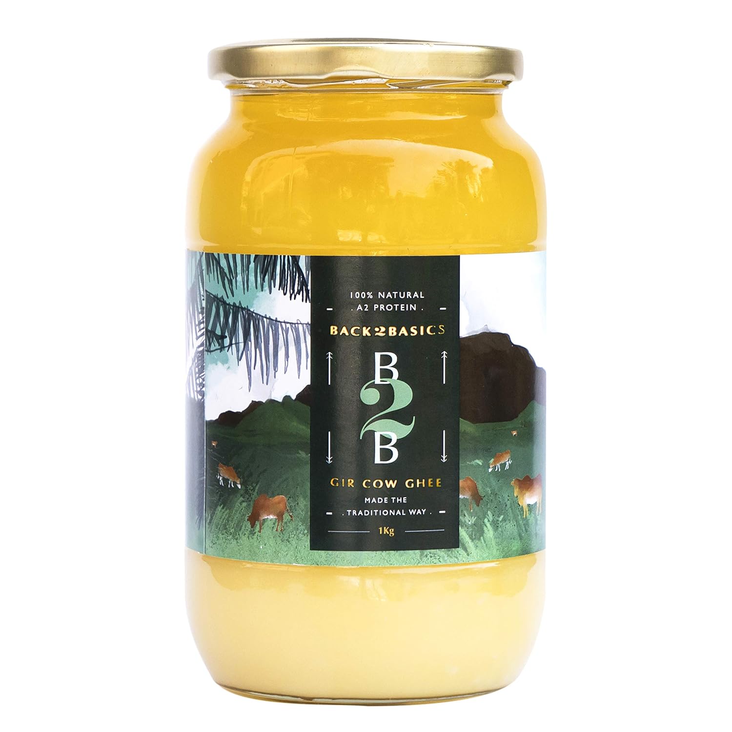 Premium Gir Cow A2 Ghee By Back2Basics | Rich In Nutrients & Protein Fiber Healthy Pure Desi Ghee Good For Weight Loss | (1 Litre) 33.8 Ounce | Jar Pack