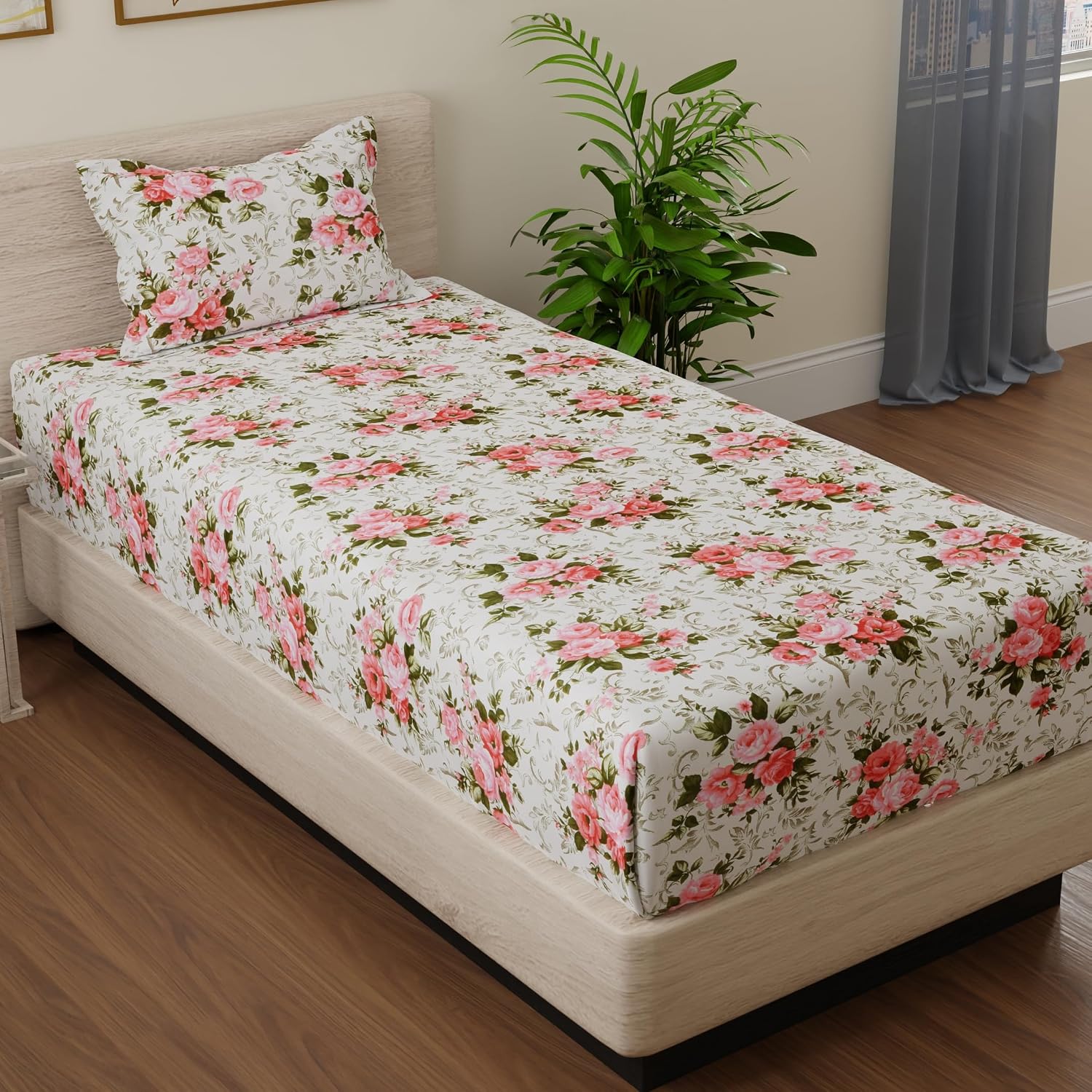 Single Bedsheet With 1 Pillow Cover - 55 X 88 Inches, White & Pink | Lightweight, Soft & Breathable - Perfect For Gifting On Weddings Bedsheet