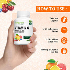 Oraganicoslim Vitamin C With Acerola Cherry, Vitamin D3, Zinc & Rosehip Extract - Antioxidant Support For Immunity, Skin, And Overall Health | 60 Capsules , 100gm 0.2lbs