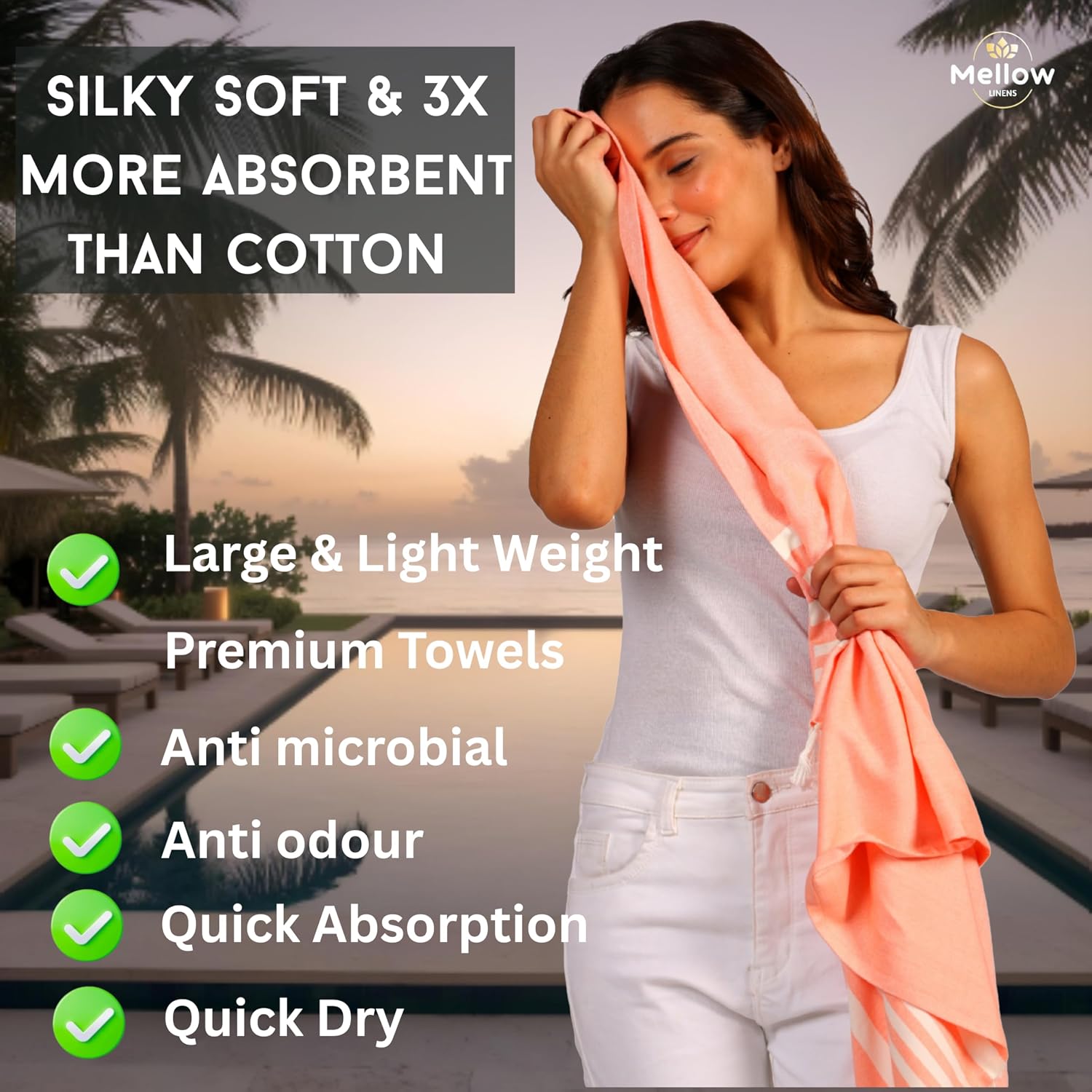 Mellow 100% Bamboo Large Bath Towel 245 Gsm For Women & Men | Ultra Soft, Premium Absorbent, Lightweight, Quick Dry Towel (Peach Pearl) 250 Tc