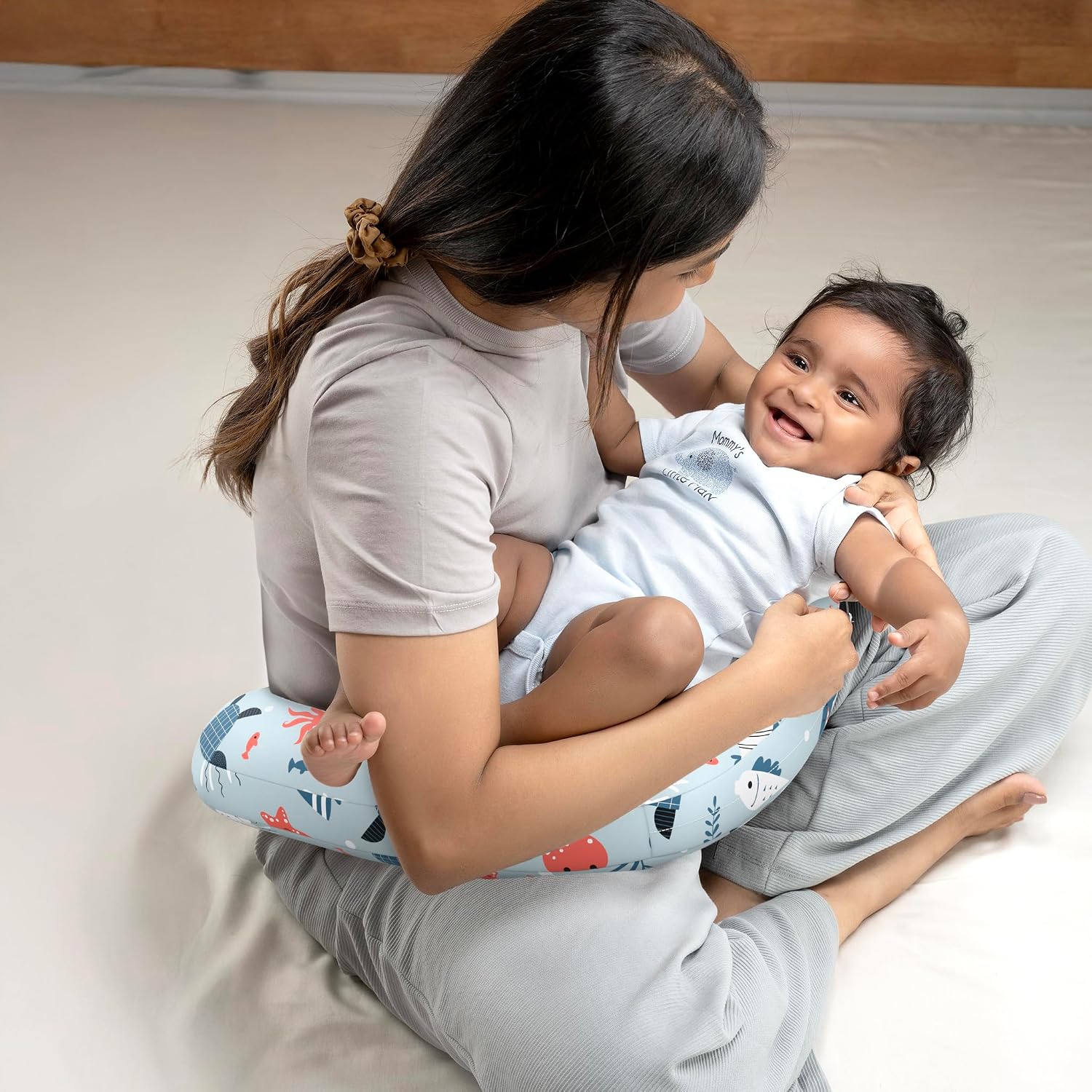 Nursing Pillow With Cape, For Breastfeeding & Baby Care, Coral Dive - Light Sky-Blue | 5 In 1 Feeding Pillow With 100% Cotton Removable Cover | Super Soft & Machine Washable Comfortable