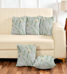 Microfiber Square Pillow Cushion For Sofa & Bed, Light Green - 24 X 24 Inch | Green Leaf Deign, Fluffy For Comfort & Back Support | Premium Cotton Cushion Cover With Zip - Set Of 5