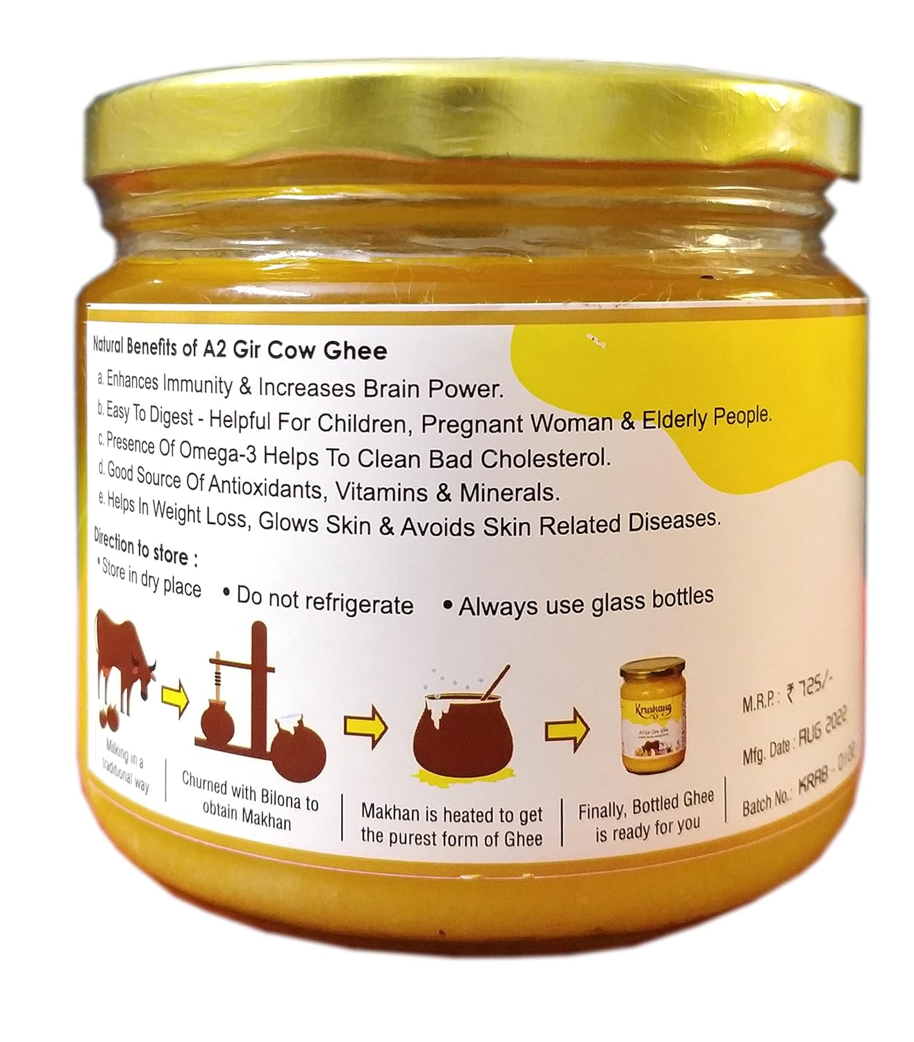 Natural A2 Gir Cow Bilona Ghee By Krushang | Traditionally Hand Churned Bilona Method Healthy Pure Desi Ghee Helps In Weight Loss | (250ml) 8.4 Ounce | Jar Pack