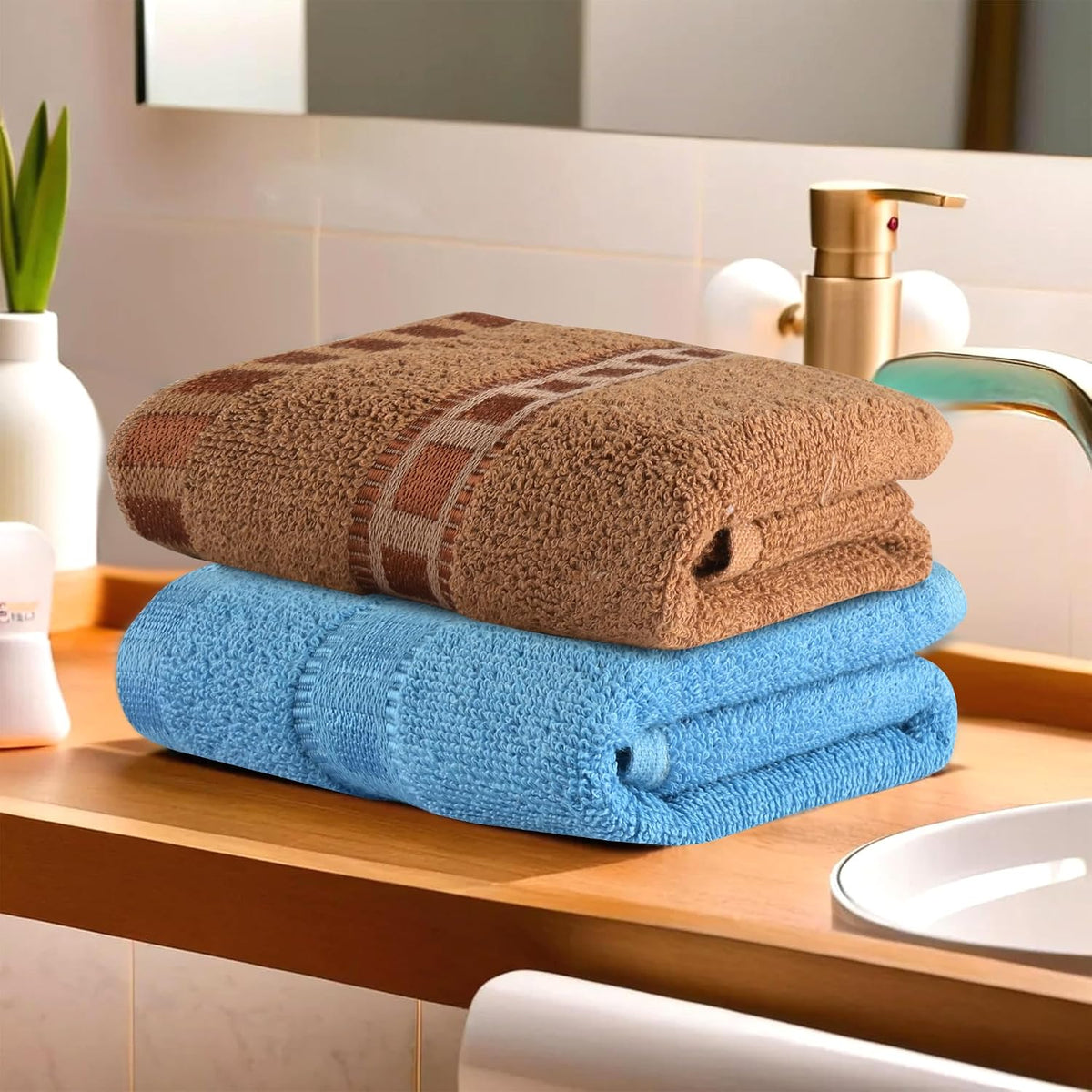 Kuber Industries Cotton Hand/Face Towels 400 Gsm | Easily Washable Workout Gym Napkins For Men - Sky Blue & Golden (Pack Of 2)