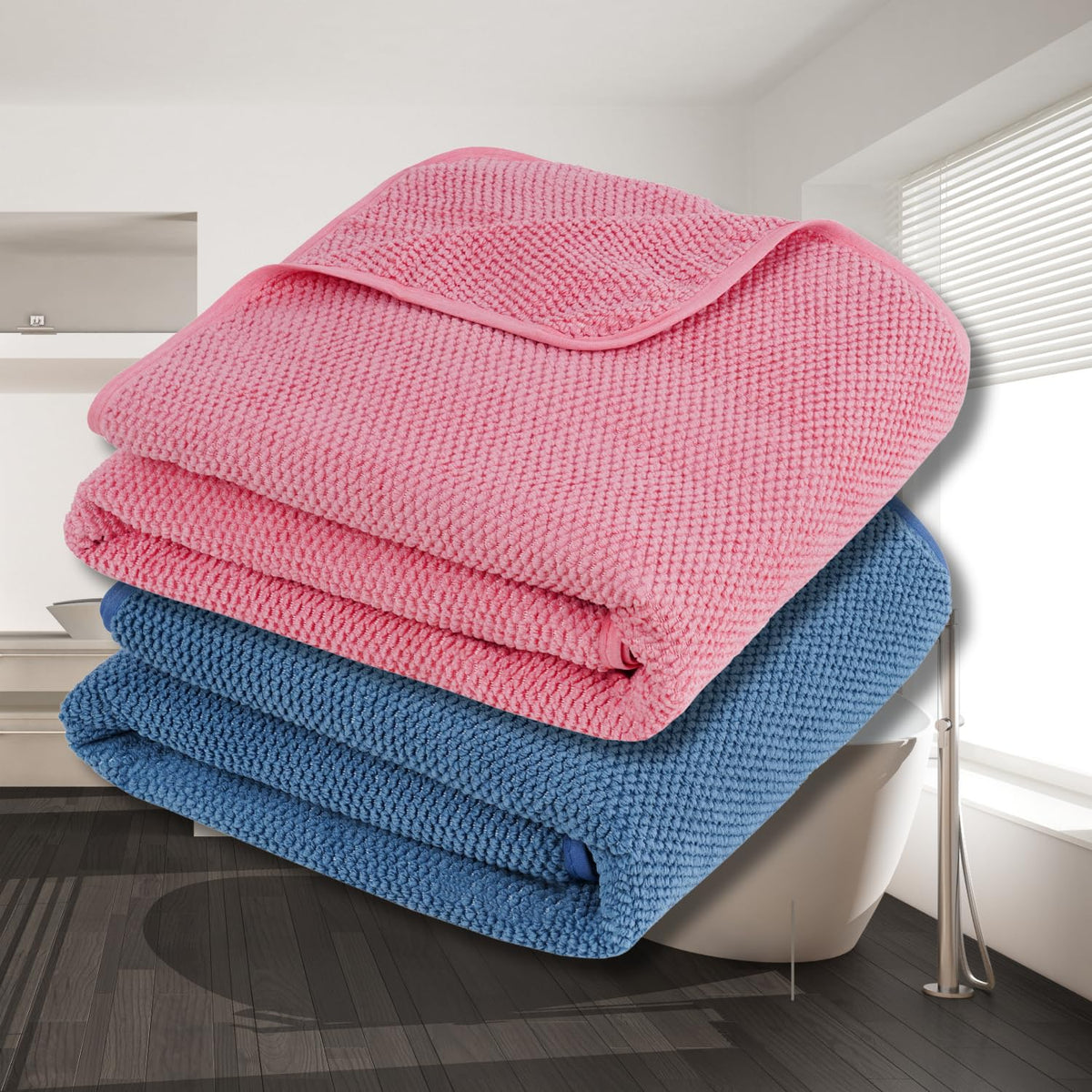 Fezora Microfiber Contler Bath Towels 700 Gsm | Large Size Bath Towel Soft & Absorbent Bath Towel For Men & Women (Peach & Dark Blue)- Pack Of 2