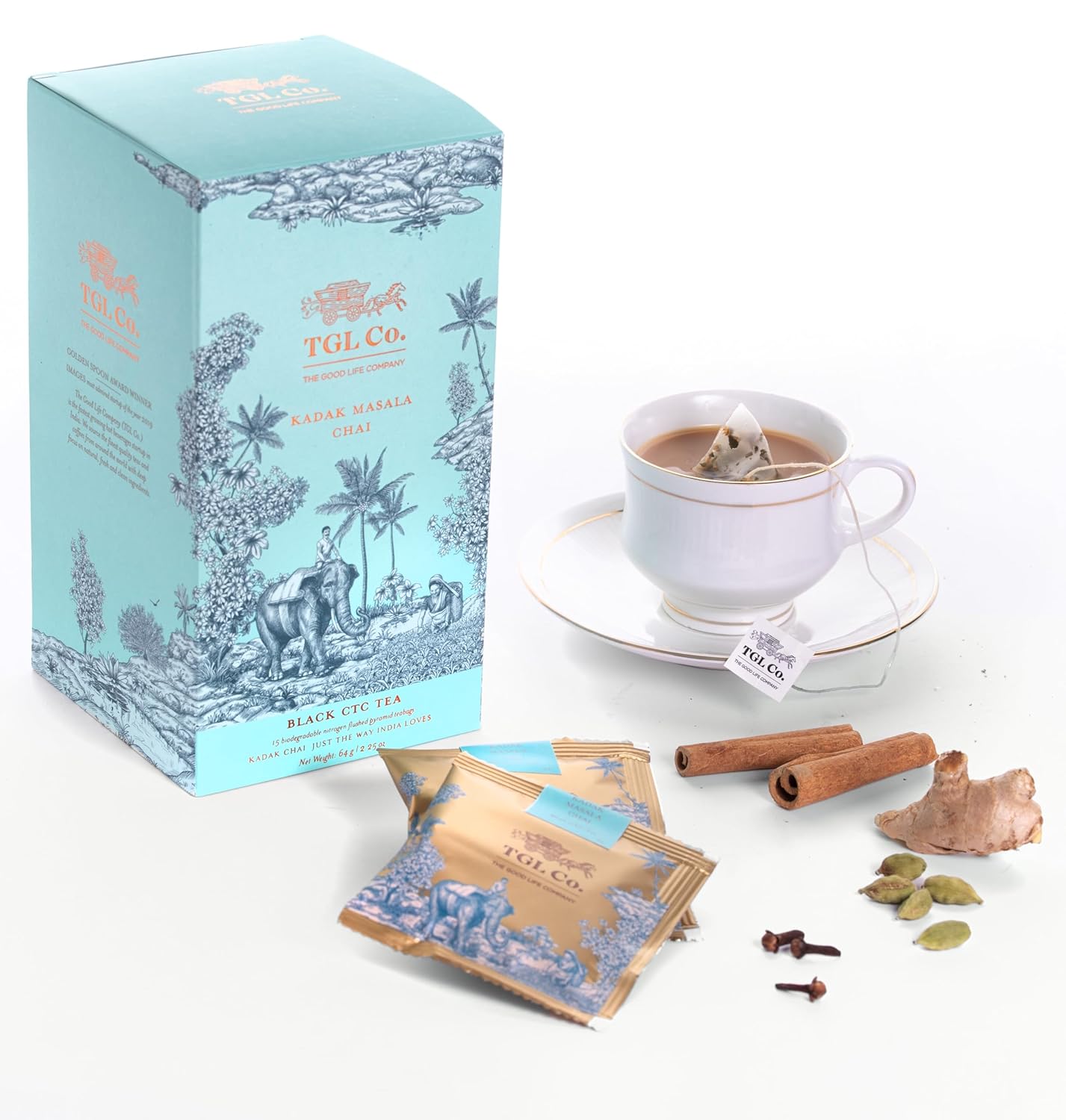 TGL Co. Kadak Masala Chai Instant Tea Premix - 196gm, 6.9 Ounce, 14 Single Serving Sachets | Anti Inflammatory & Anti Bacterial Properties - Rich Taste, Ready To Drink Chai | Medium Caffeine