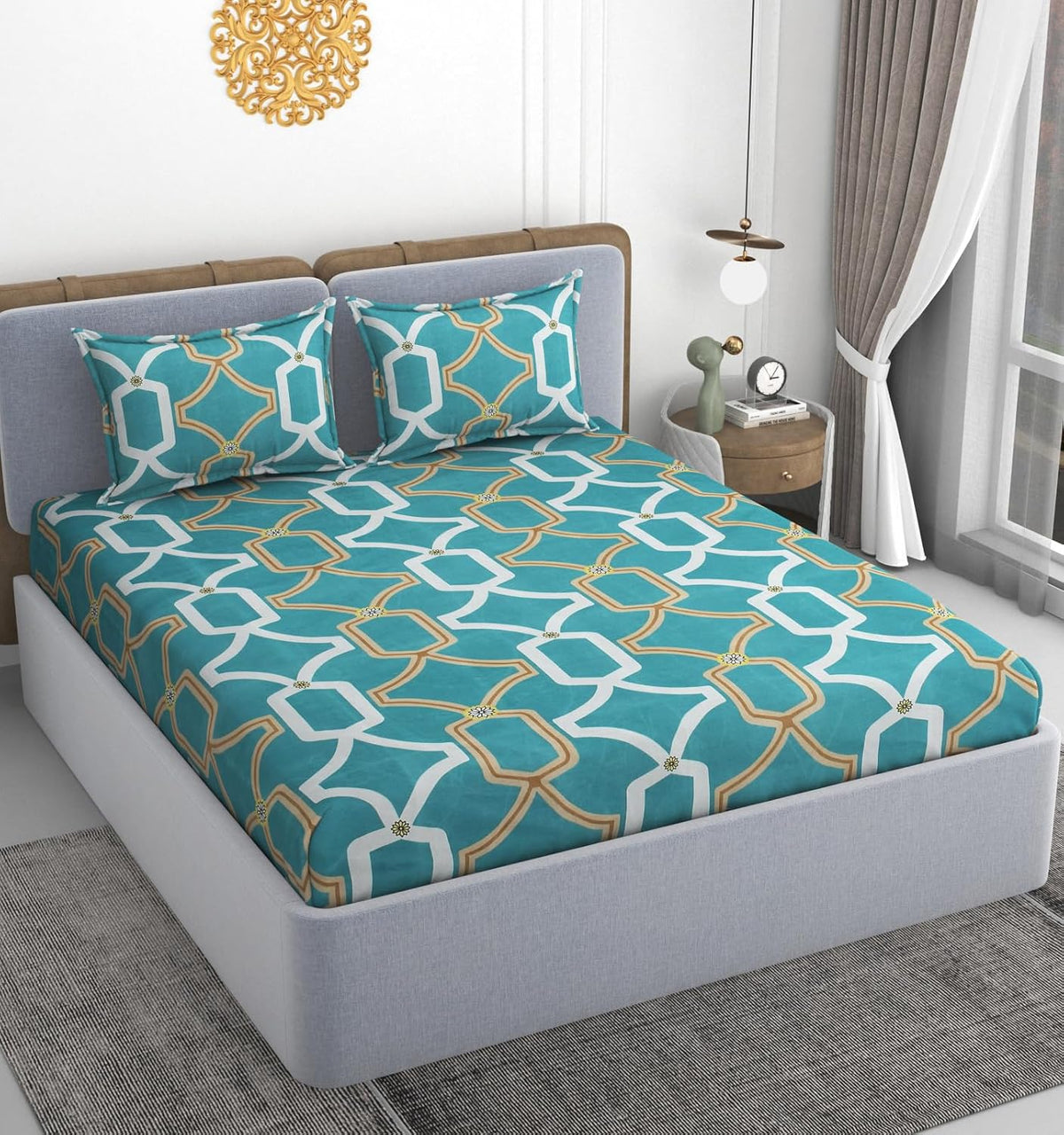 1 Double Bedsheet With 2 Pillow Covers Size 60 X 78 X 8 Inches, Sea Green | Cotton Feel All Around Elastic Fitted - Queen Size Bedsheets, Super Soft