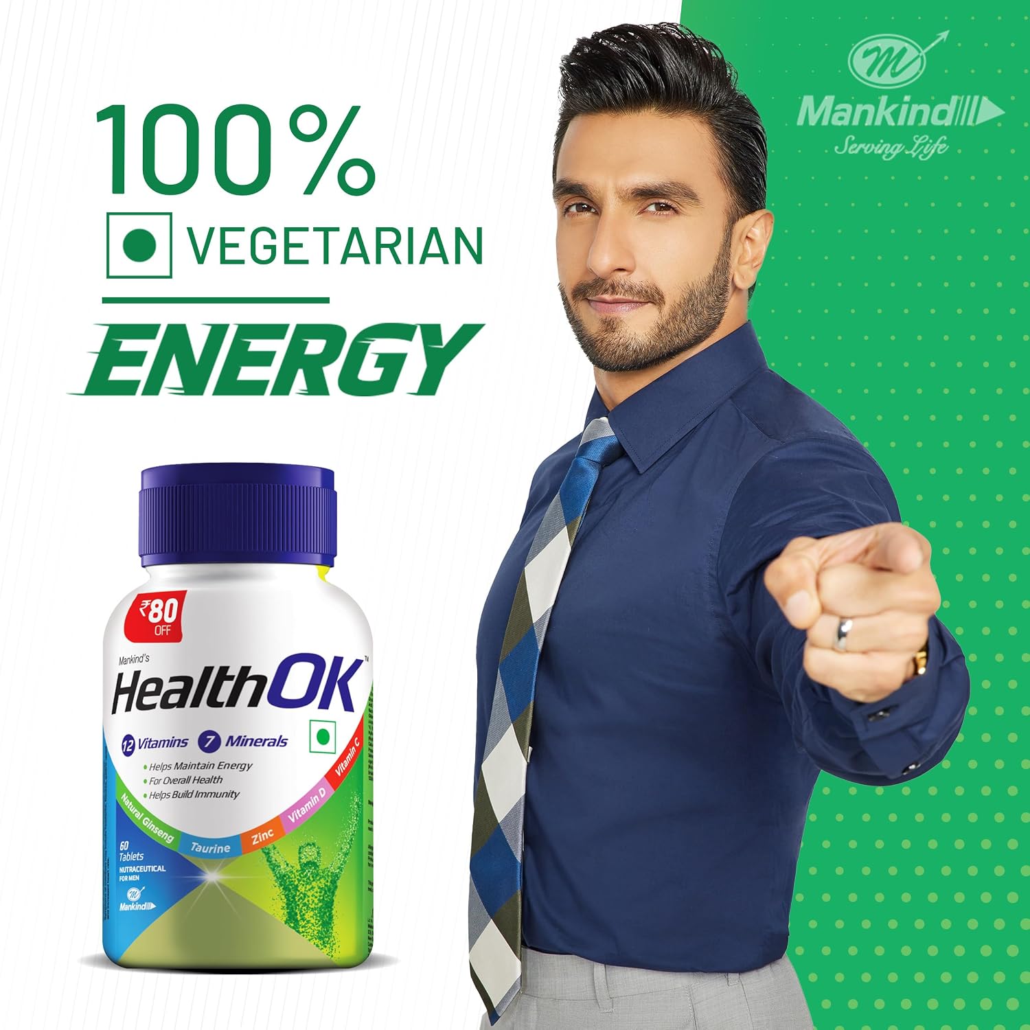 Mankind's Health Ok Multivitamin With Natural Ginseng & Taurine Power Lemon Flavour , 100% Vegetarian | 60 Tablets 100gm 0.2lbs