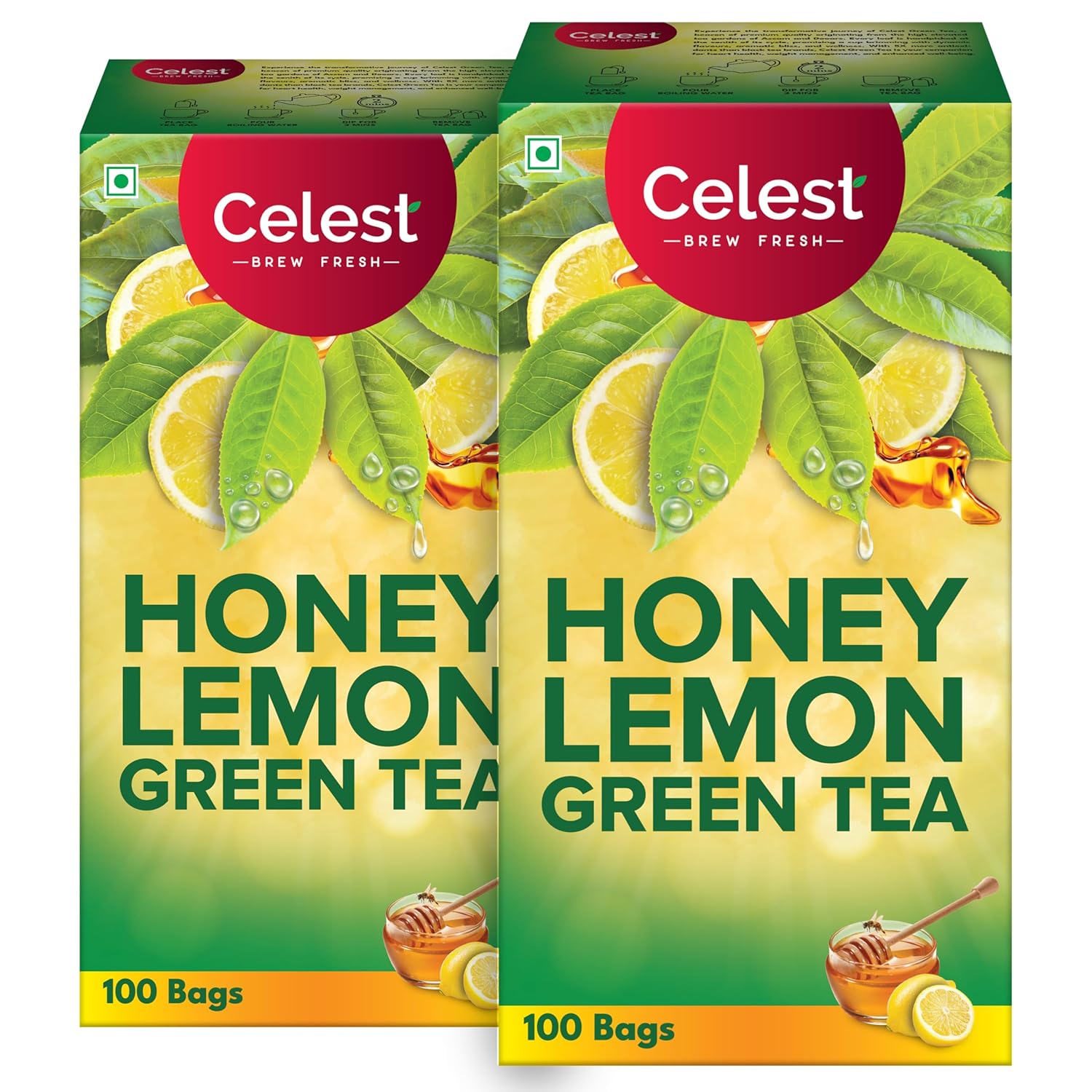 Celest Honey Lemon Green Tea - Pack Of 4 X 100 Enveloped Tea Bags | Helps Boost Metabolism, Zero Calories, Manage Waistline - Green Tea For Weight Loss
