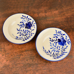 Hand Painted Premium Ceramic Floral Deep Pasta Plates Set Of 2 - Diameter: 9.5 Inches, Blue & Off White | Soup Plates - Maggi Plates