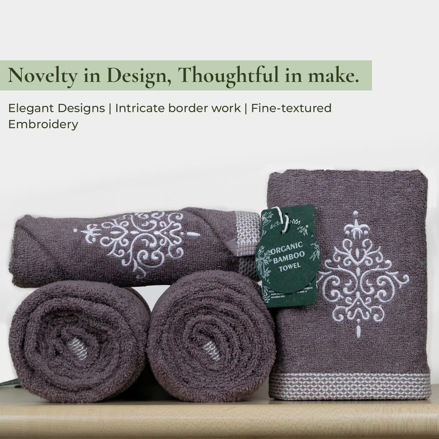 Rangoli 100% Bamboo 2 Bath & 2 Hand Towels 850 Gsm | Large Size Ultra Soft, Quick-Absorbent & Eco-Friendly Towels - Ash Brown