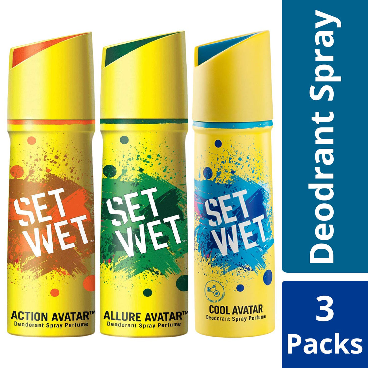 Set Wet Combo Of 3 Deodorant Spray Perfume For Men Cool + Action + Allure Avatar Each 150ml 5 Fl.oz.