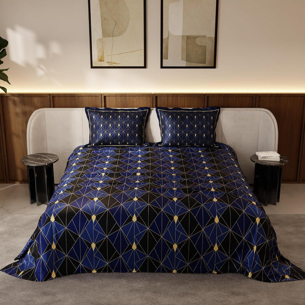Premium Bedding Set King Size Bedsheet With 2 Pillow Covers | 90 X 108 Inches, Black & Blue | Ultimate Comfort, Breathable - Wedding Gift For Couples