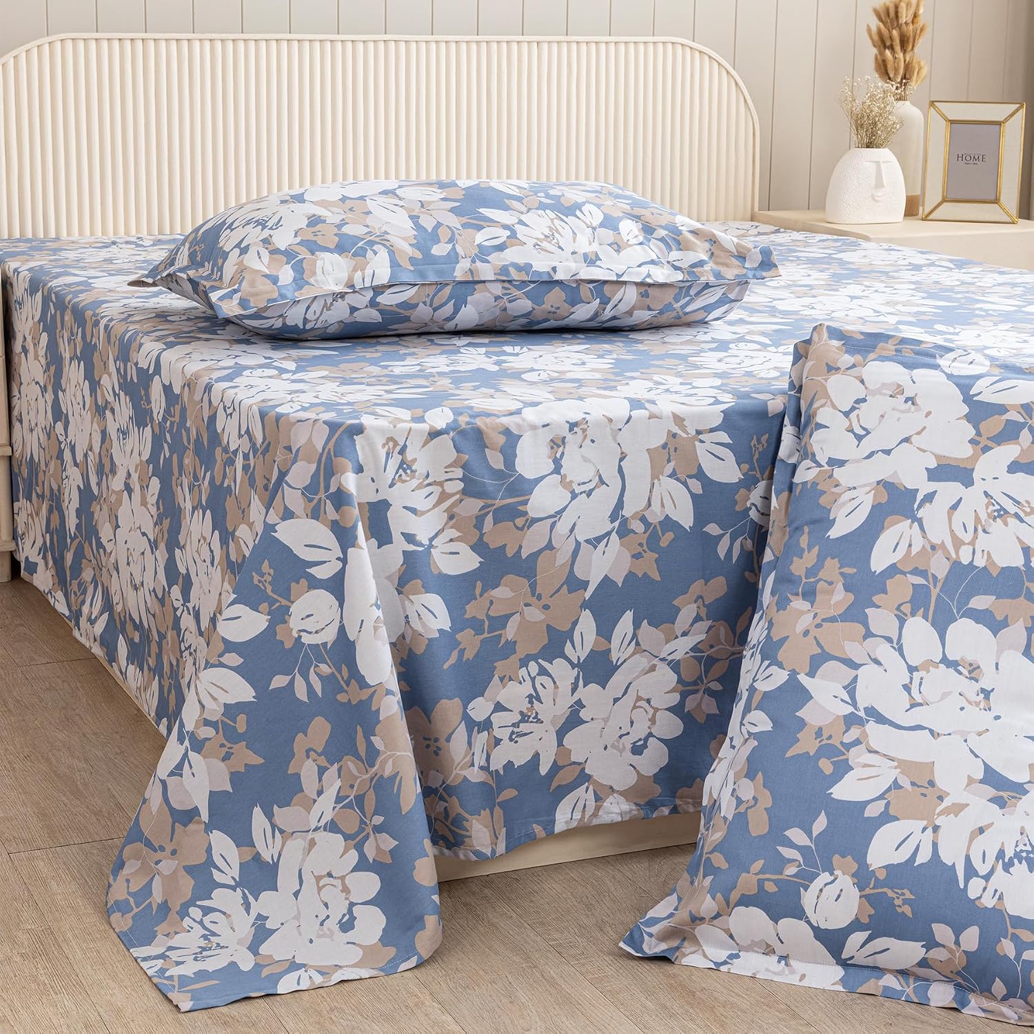 Double Size Bedsheet With Two Pillow Covers - 84 X 90 Inches, White & Blue | Comfort Bedsheet For Double Bed | Perfect For Home Decor & Gifting