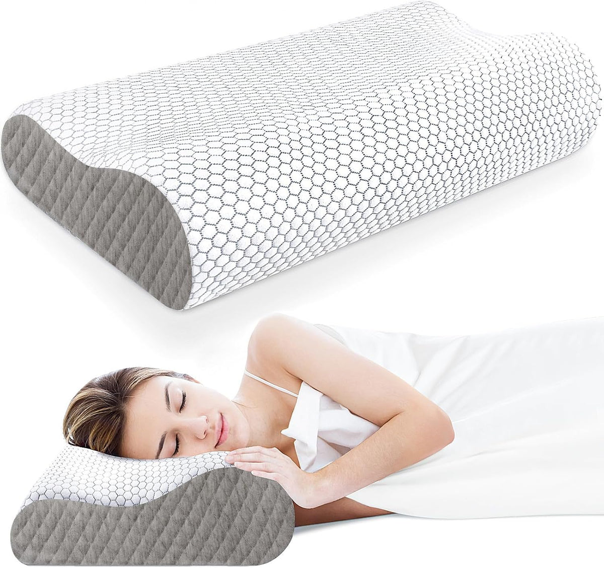 Memory Foam Pillow, Contour Cervical Orthopedic Pillow - White & Dark Grey | For Neck Pain & Shoulder Pain | Ergonomic Cervical Pillow, Neck Support Pillow For Back, Side, Adjustable Pillow