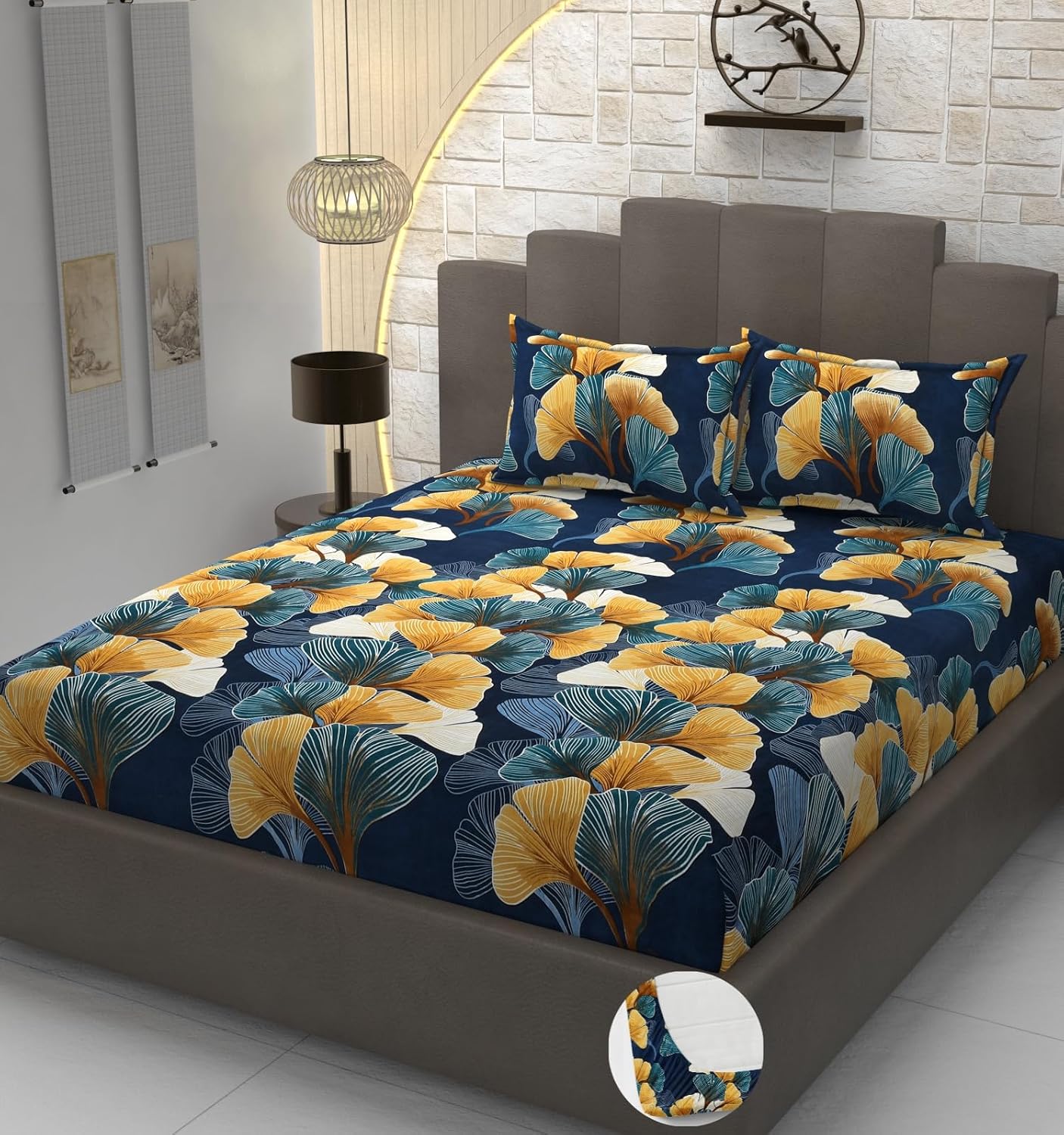 Premium Heavy Cotton Elastic Fitted Bedsheets With 2 King Size Pillow Covers | 72 X 78 Inches, Multicolor - Double Bed With All Around Elastic | 350 Thread Count