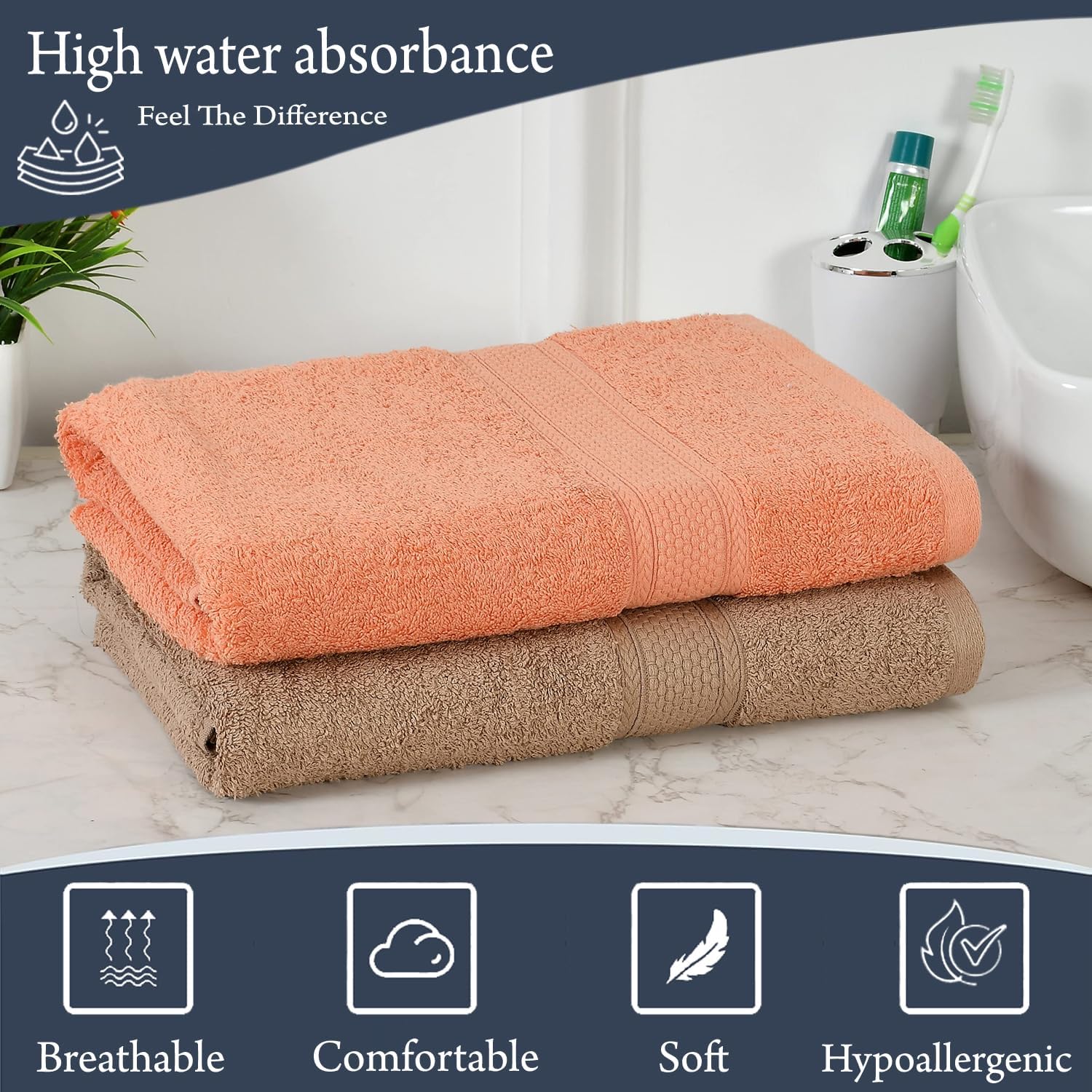 Fresh From Loom Luxury Edition Egyptian 100% Pure Cotton Bath Towel 1200 Gsm | High Water Heavy Soft Dual Stitched Bath Towel (Salmon & British Tan) - 2 Pcs