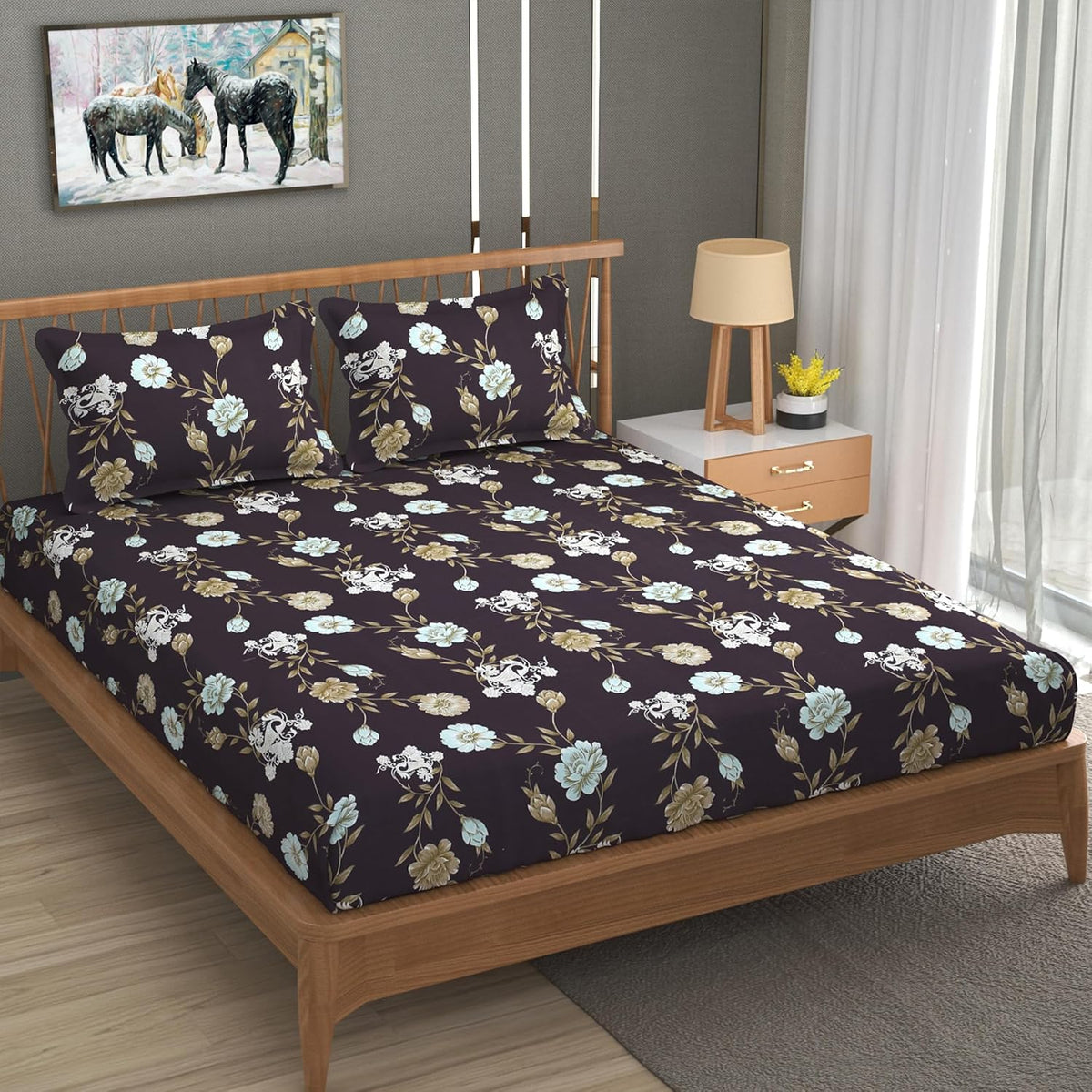 Printed King Size Bedsheet With 2 Pillow Cover - 108 X 108 Inches, Ship Grey | Double Bed Breathable & Wrinkle Free | All-Season Comfort Bedsheet