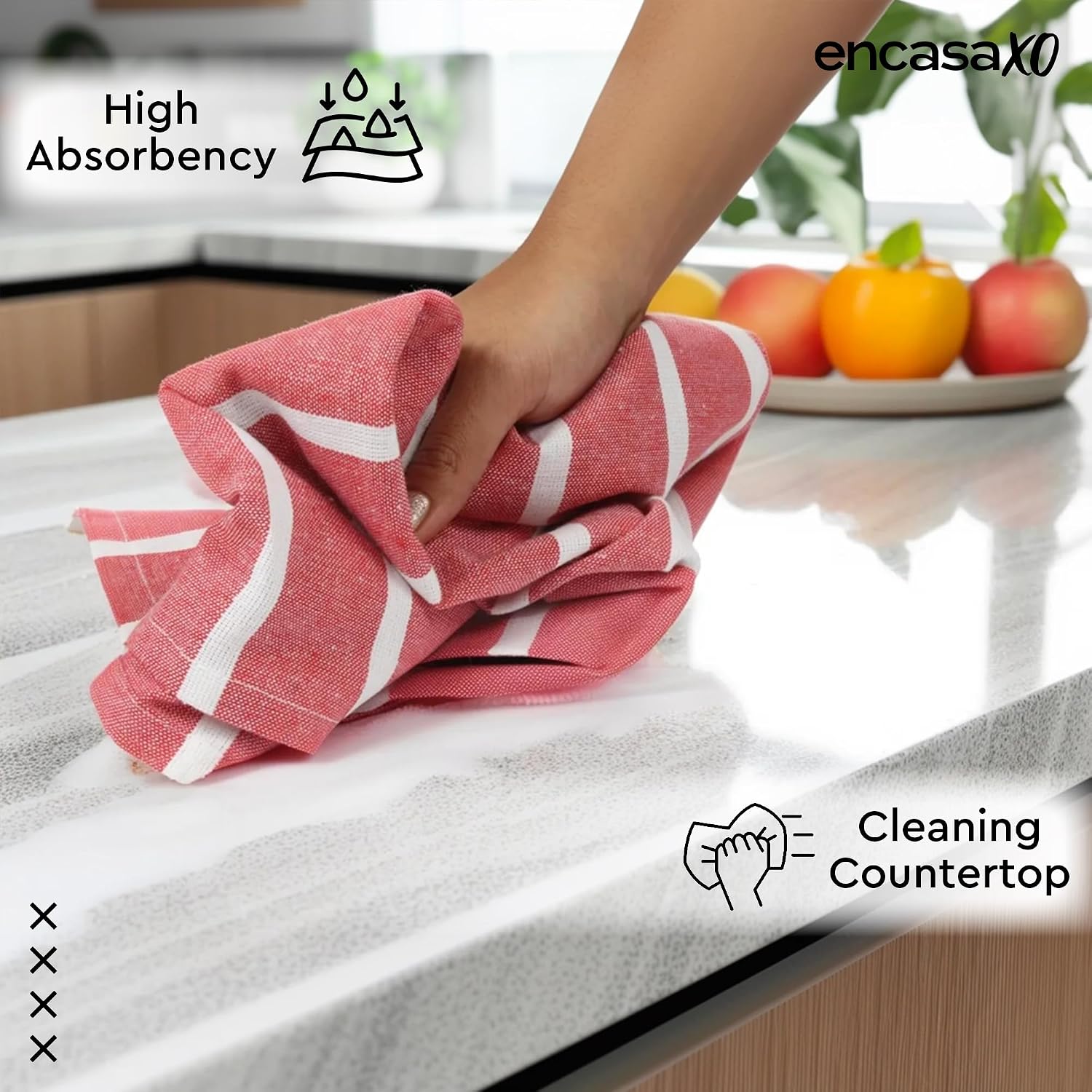 Encasa Xo Kitchen Cooking Cloth 340 Gsm | Cotton Hand Towel For Drying Dishes Highly Absorbent Cleaning & Quick Drying Of Plates | Roma Red Stripes (Set Of 4)