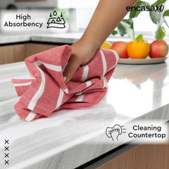Encasa Xo Kitchen Cooking Cloth 340 Gsm | Cotton Hand Towel For Drying Dishes Highly Absorbent Cleaning & Quick Drying Of Plates | Roma Red Stripes (Set Of 4)