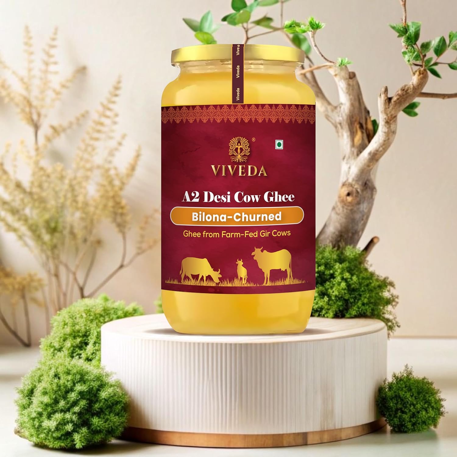 Premium A2 Desi Cow Ghee By Viveda | Hand-Churned, Traditional Bilona Method Pure Desi Cow Ghee Good For Health | (100ml) 3.3 Ounce | Jar Pack