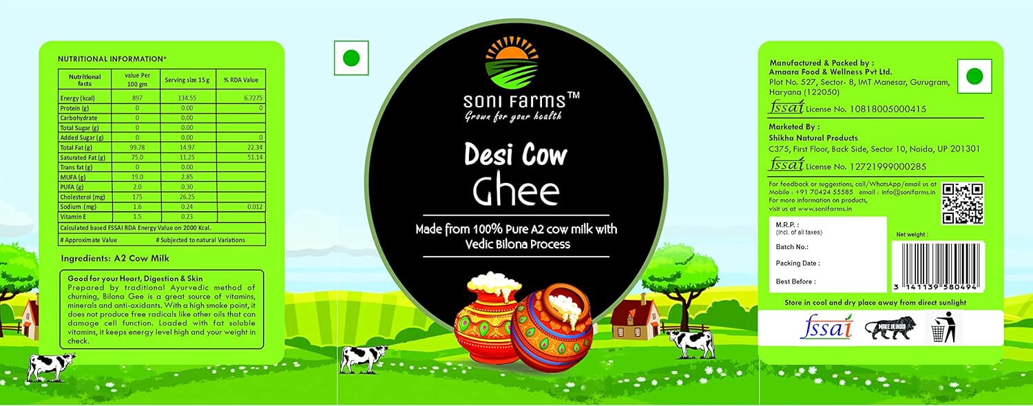 100% Pure 2 Cow Desi Ghee By Soni Farms | Traditional Bilona Method Healthy Pure Desi Ghee Good For Taste | (500ml) 16.9 Ounce | Jar Pack
