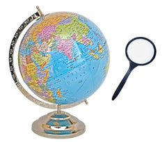 Educational Globe 12 Inch + Magnifying Glass, Rotating World Globe With Steel Finish Arc & Base | World Globe, For Kids Learning, Students & Home Decor, Office Desk, Combo Pack