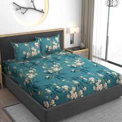 Premium Heavy Cotton Bedsheets All Around Elastic Fitted Bedsheets With 2 Pillow Covers - 78 X 72 X 10 Inches, Green Flower | Lightweight, Soft, & Comfortable