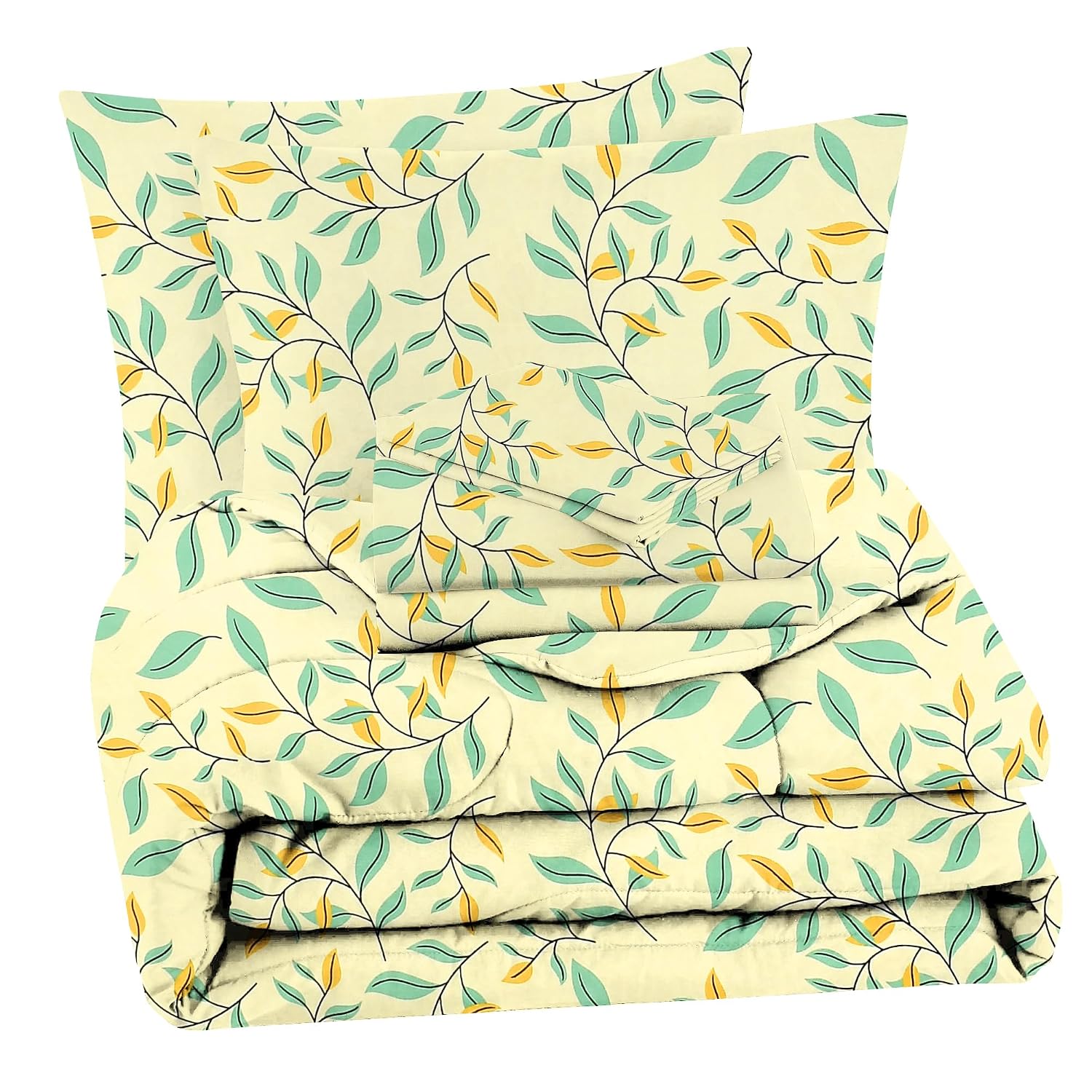 Bedding Set 1 Double Bedsheet, 2 Pillow Covers With 1 Comforter | 90 X 100 Inches, Beige & Green | Perfect For Queen Bed Durable & Wrinkle Free - All Season Bedding
