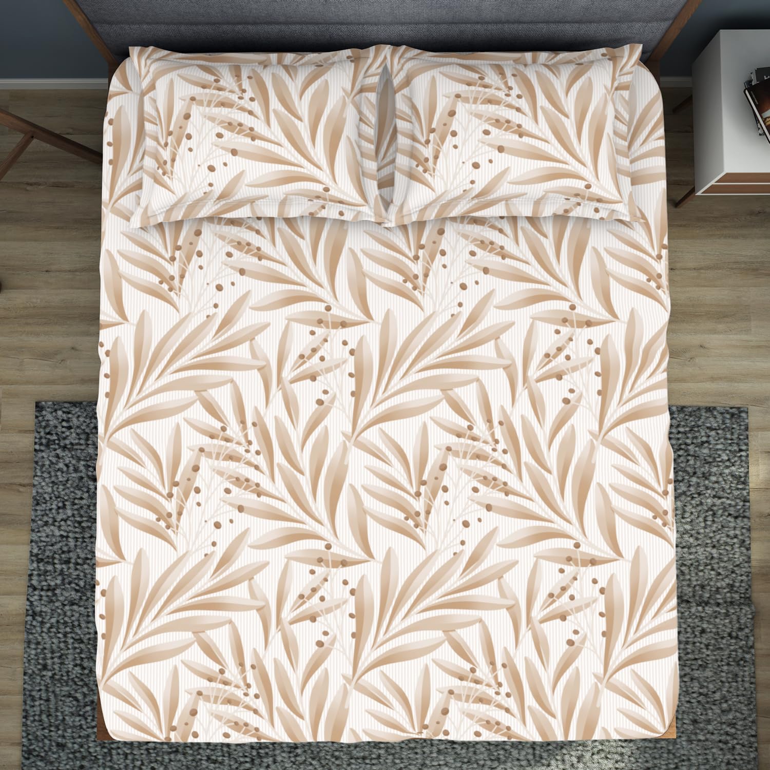 King Size 1 Double Bedsheet With 2 Pillow Covers - Size 108 X 108 Inches, Beige & White | Soft Feel Wrinkle Resistance | Durability & Comfort, Breathable