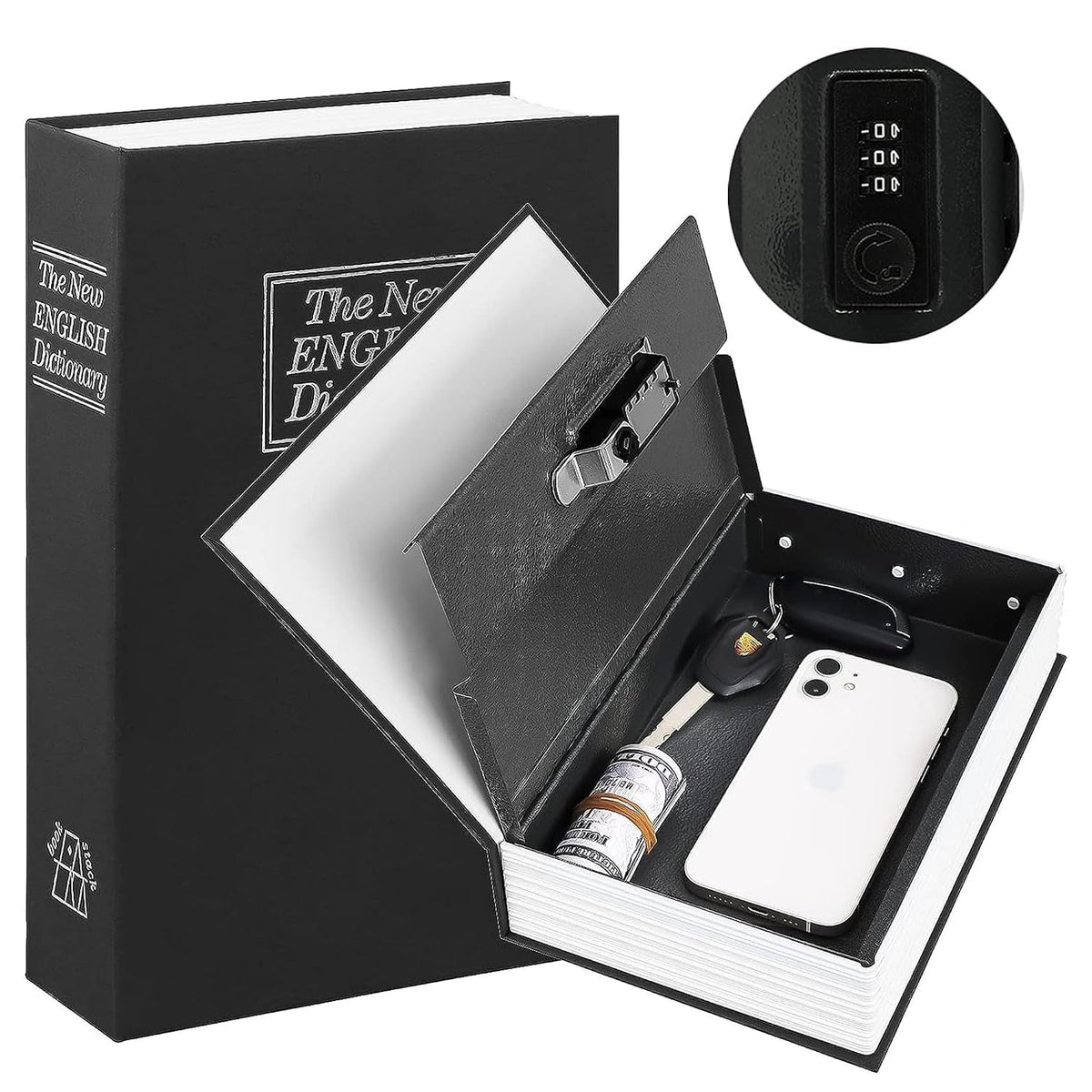 Label Book Locker Dictionary Stainless Steel Hidden Safe Jewellery Box, Cash Locker For Home & Office (18 X 12 X 5.5 Cm) Colour - Black, Lock Type - Combination