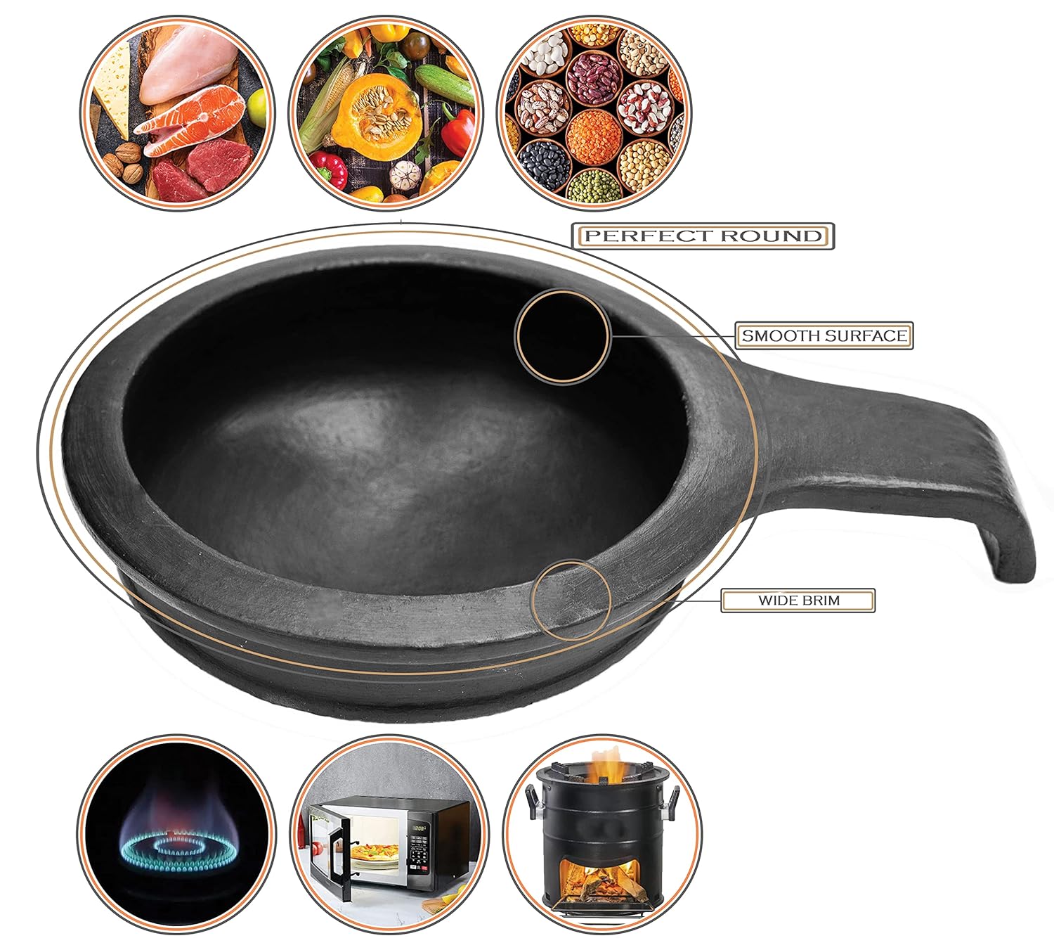 Uncoated Clay Fry Pan For Cooking & Serving With 2 Wooden Spatulas Complimentary - Black, 1 Liter | Pre-Seasoned Mud Vessel - Unglazed, Double Fired, Hand Crafted | Mitti Tadka Pan