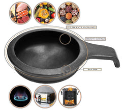 Uncoated Clay Fry Pan For Cooking & Serving With 2 Wooden Spatulas Complimentary - Black, 1 Liter | Pre-Seasoned Mud Vessel - Unglazed, Double Fired, Hand Crafted | Mitti Tadka Pan