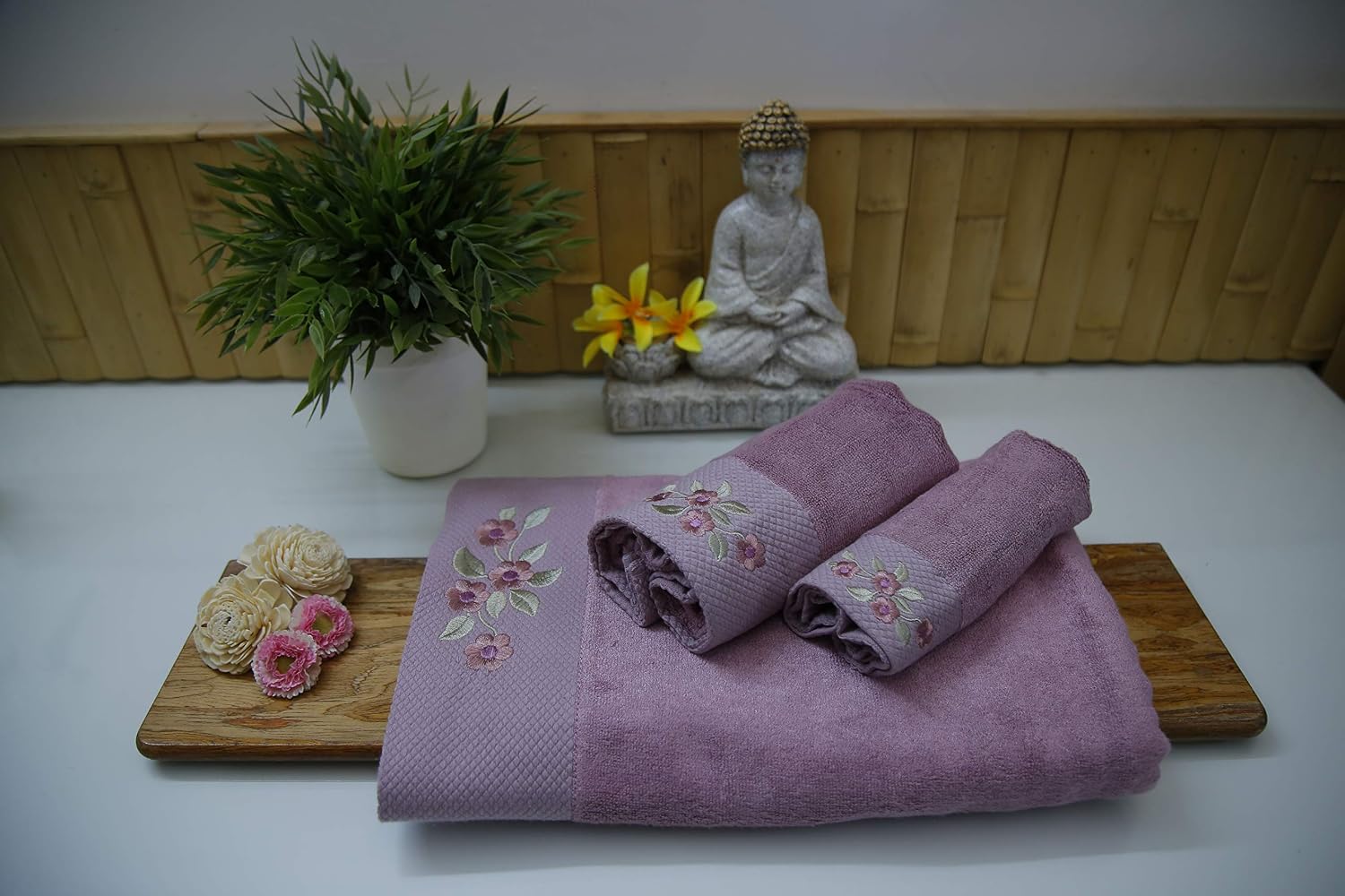 100% Bamboo Embroidery Bath, Hand & Face Towel Set 900 Gsm (Onion Purple) - 3 Pcs