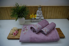 100% Bamboo Embroidery Bath, Hand & Face Towel Set 900 Gsm (Onion Purple) - 3 Pcs