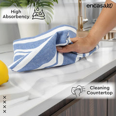 Encasa Xo Kitchen Cooking Cloth 340 Gsm | Cotton Hand Towel For Drying Dishes Highly Absorbent Cleaning & Quick Drying Of Plates | Franca Blue Stripes (Set Of 4)