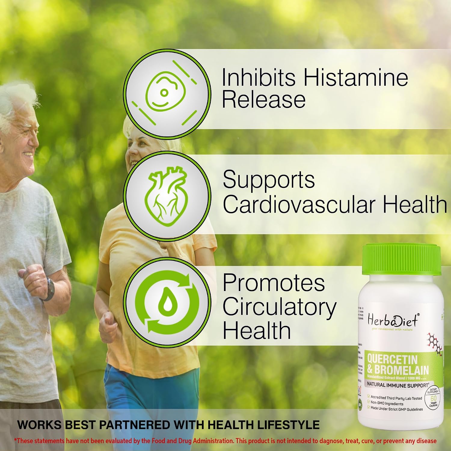 Herbadiet Quercetin With Bromelain Balanced Immune Support, Heart & Joint Health Supplement | 60 Veggie Capsules, 100gm 0.2lbs