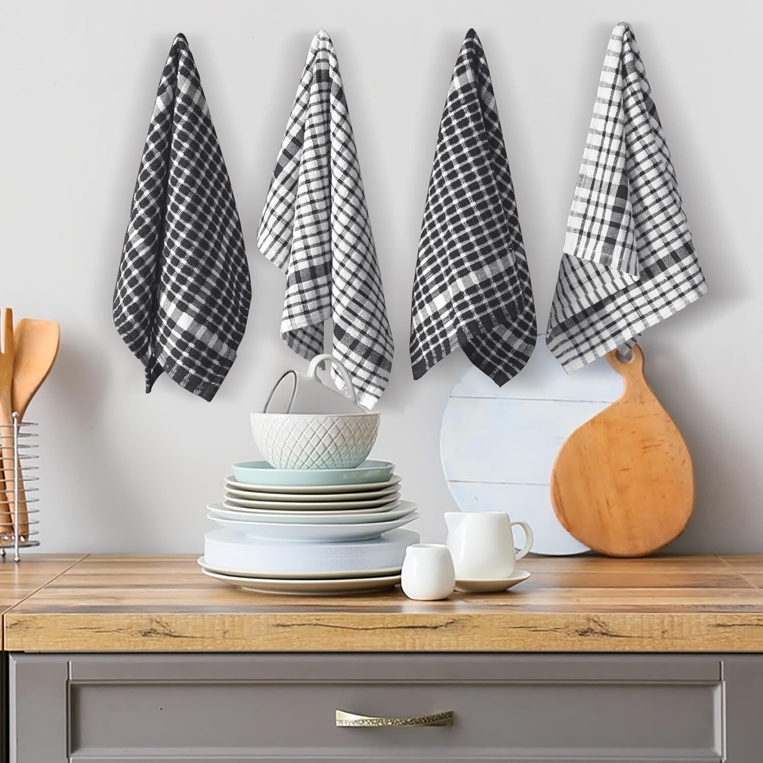 Furnofy Kitchen Cleaning Towel 340 Gsm | Soft & Absorbent Hand Towel For Kitchen Cleaning & Quick Drying Of Plates & Glasses (Black)- Set Of 4