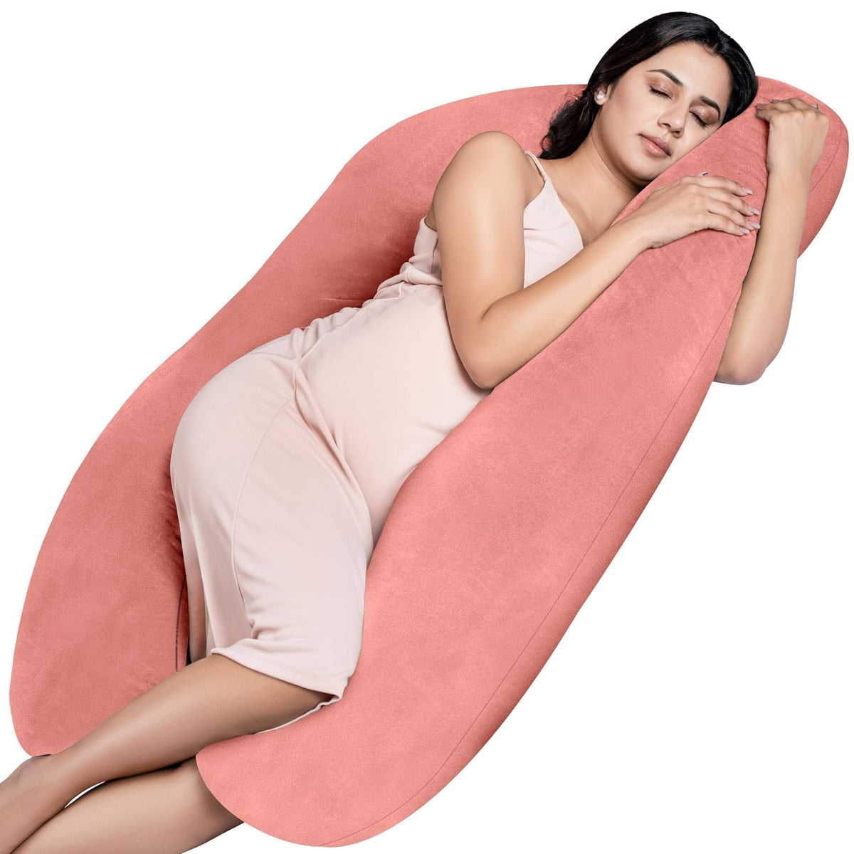 Full Body U Shape Pregnancy Pillow For Women, Maternity Pillow, Peach Color | Abdomen, Hip, Spine, Neck & Head Support Cushion For Pregnant Women | Premium Velvet Outer Cover With Zip