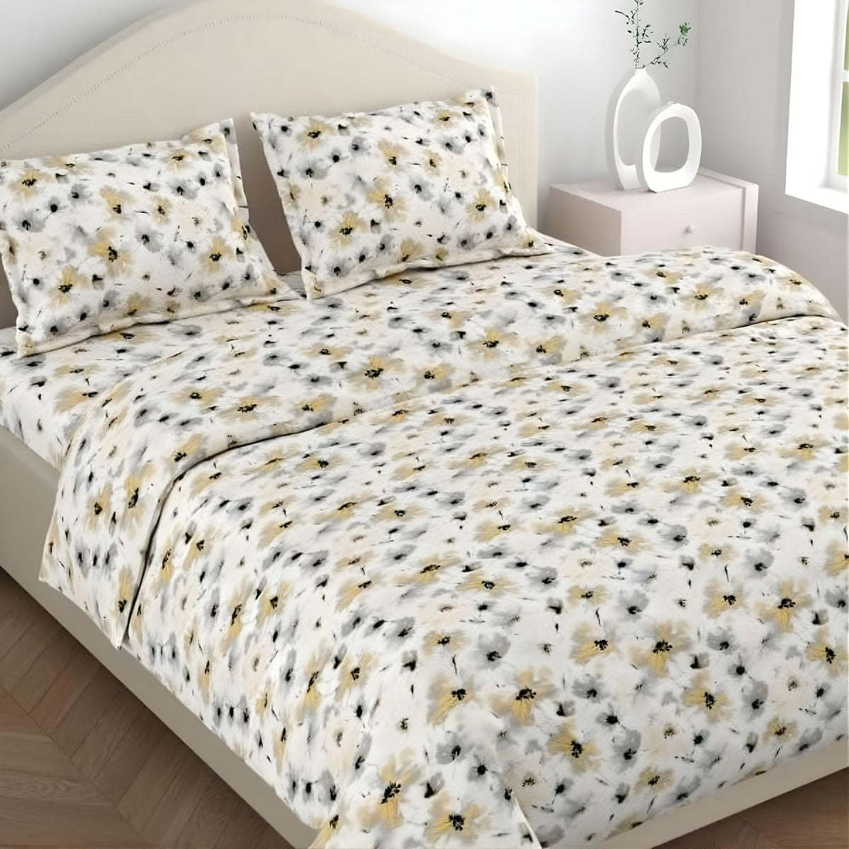 Flat Bedsheet Queen Size Bed With 2 Pillow Covers - 100 X 90 Inches, Black & Grey | Soft, Breathable & Durable | Skin-Friendly & Durable