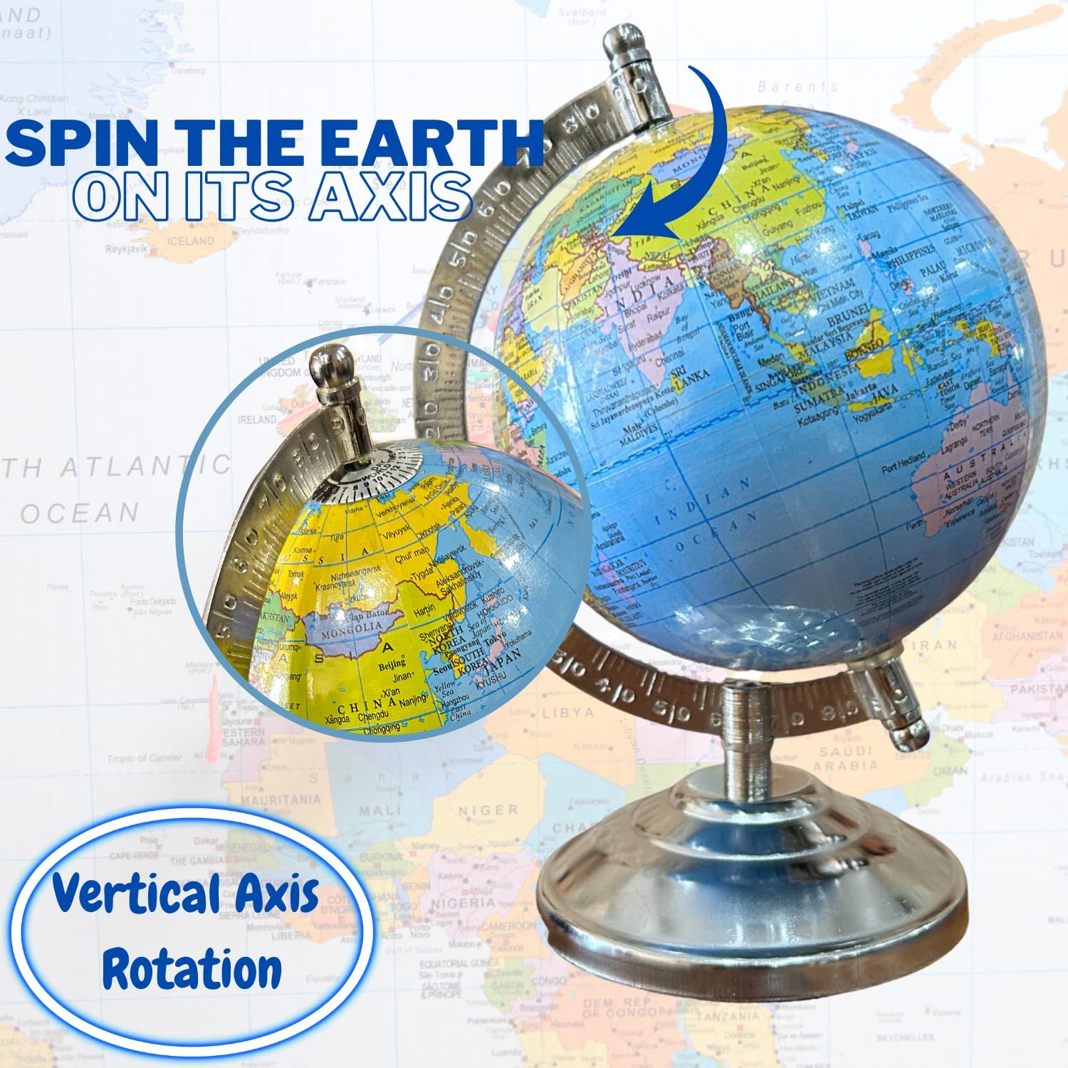 Educational World Globe 5 Inch With Heavy Steel Base, Political Globe For Home & Office Decor, For Kids & Students Learning, World Globe With Steel Arc, Pack Of 1
