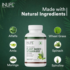 Inlife Plant Based Vitamin B12 Supplements For Men & Women | Supports Nerve Health & Brain Health | B12 From Spirulina Extract | 120 Vegetarian Capsules , 200gm 0.4lbs