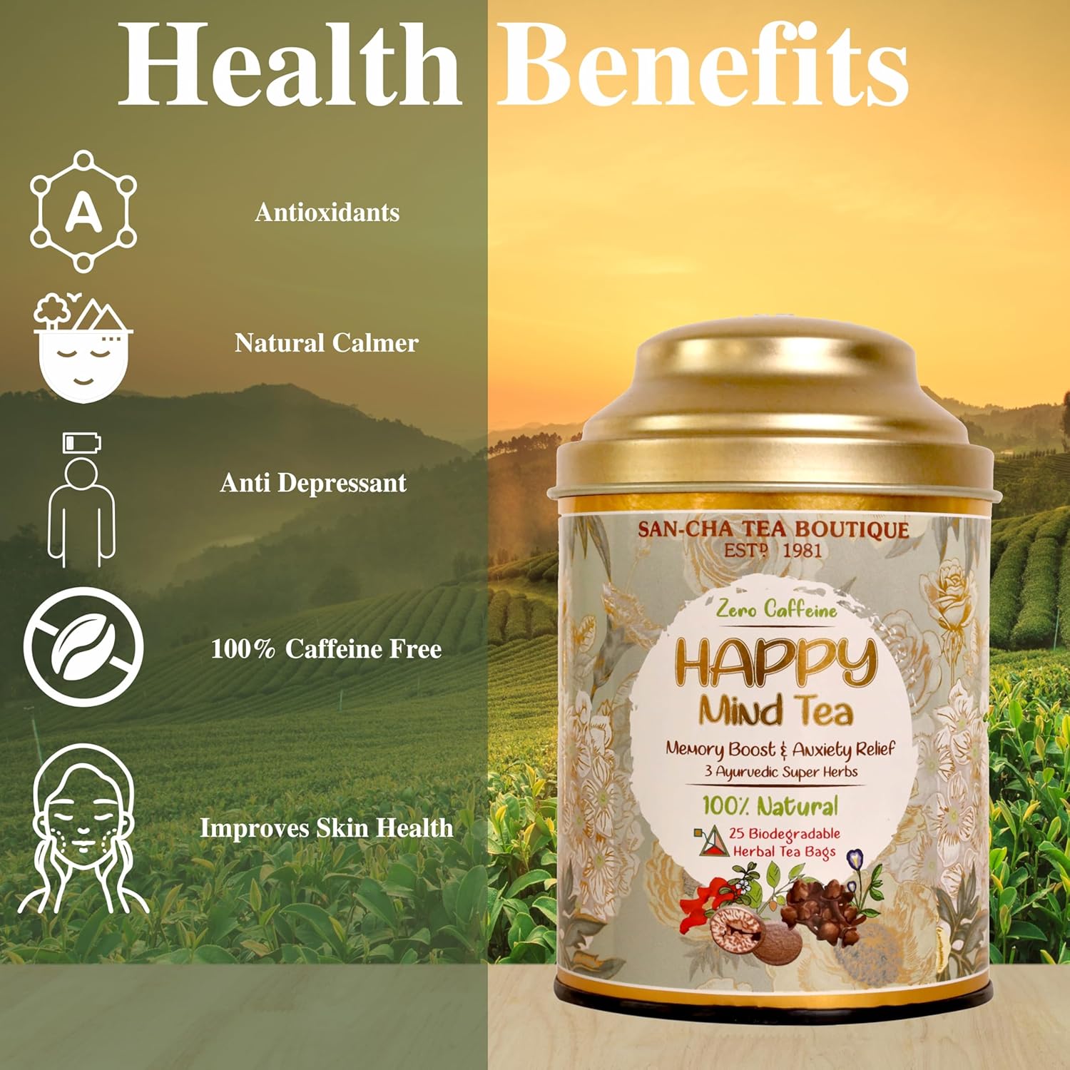 San-Cha Happy Mind Herbal Tea - 25 Biodegradable Herbal Tea Bags | Boosts Memory & Relieves Anxiety - Zero Caffeine | 3 Ayurvedic Super Herbs