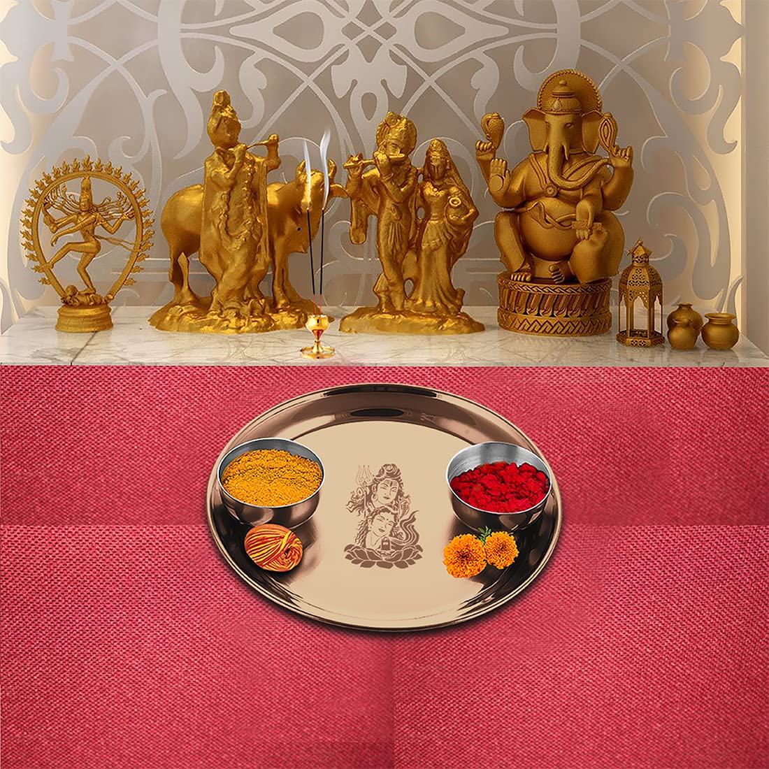 Stainless Steel Shiv Parvati Ji Pooja Thali Set Of 3, Rose Gold PVD Coating | 1 Pooja Thali+ 2 Katoris - Easy To Clean & Dishwasher Safe