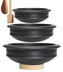 Deep Burned Uncoated Clay Pot Or Mitti Handi Combo With 2 Wooden Spatulas Complimentary Pack Of 3 - Black, 1+2+3 Liters | Pre-Seasoned Mud Pot - Unglazed, Double Fired, Hand Crafted